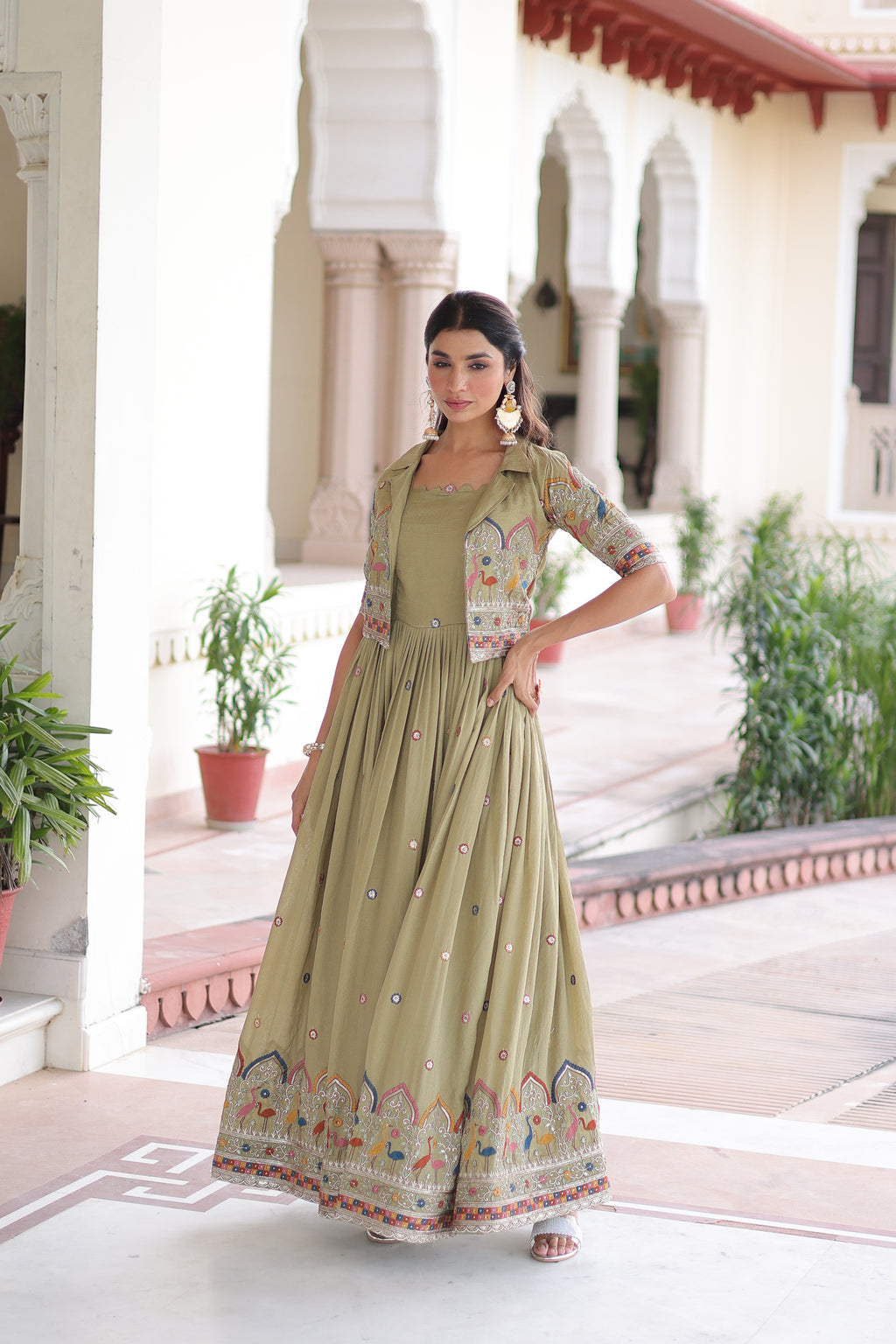 Tivya Pista Green Vichitra Silk Zari Sequins Thread Embroidered Gown with Koti