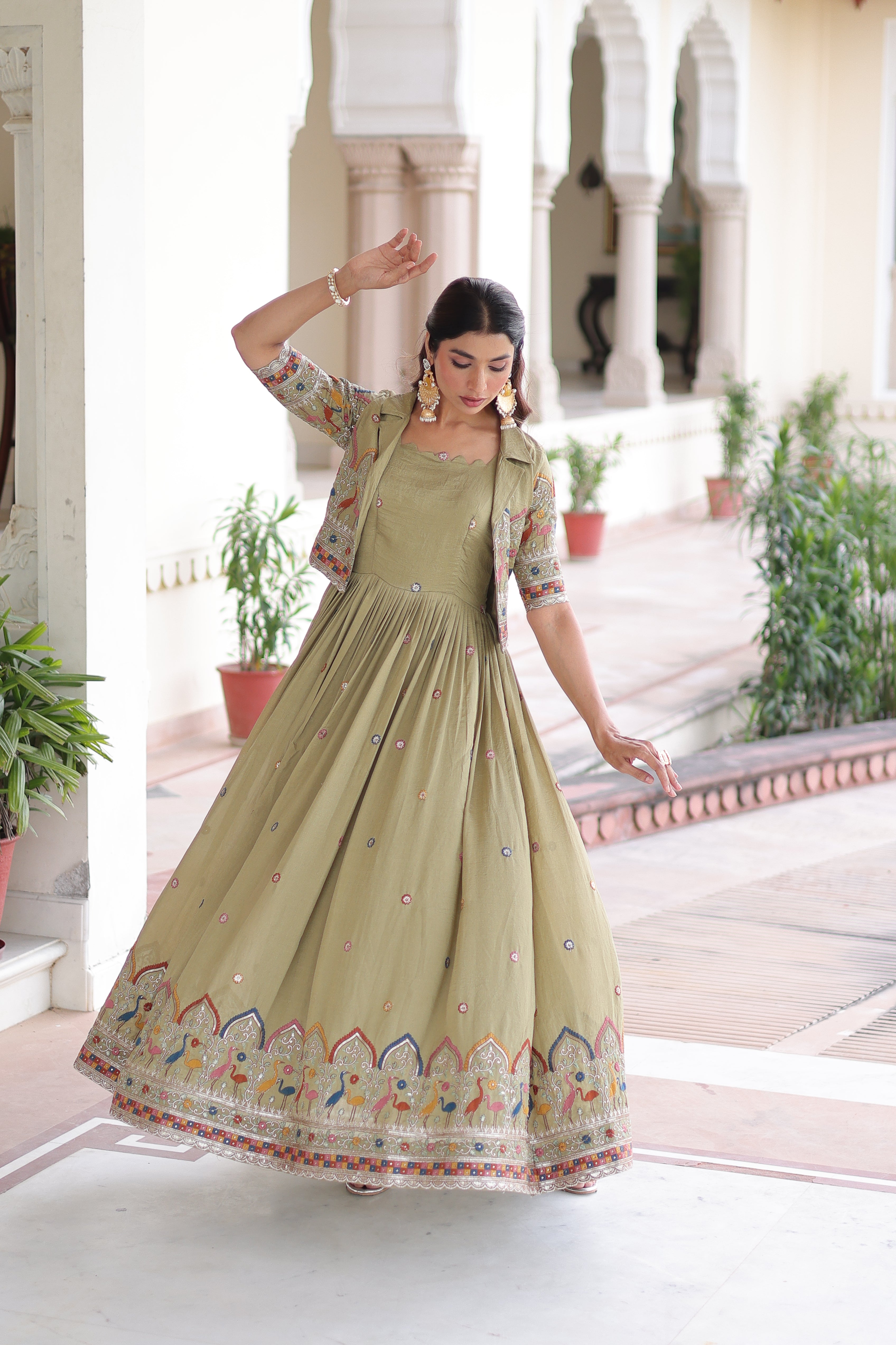 Tivya Pista Green Vichitra Silk Zari Sequins Thread Embroidered Gown with Koti
