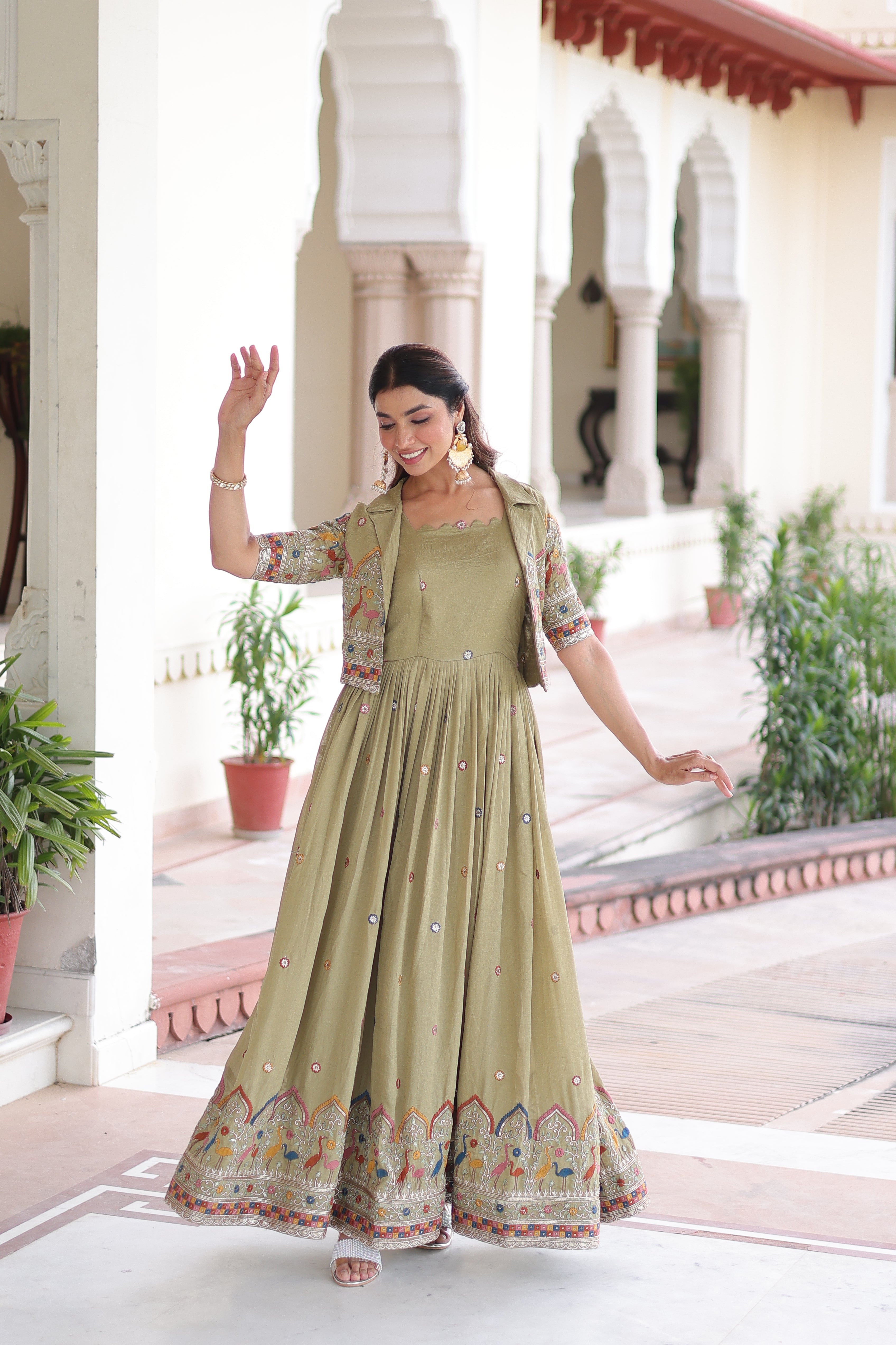 Tivya Pista Green Vichitra Silk Zari Sequins Thread Embroidered Gown with Koti