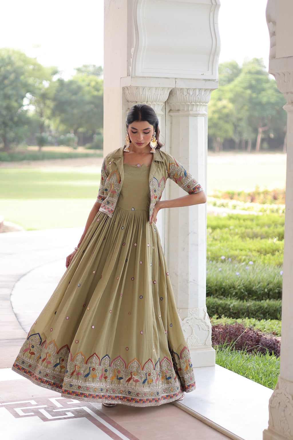 Tivya Pista Green Vichitra Silk Zari Sequins Thread Embroidered Gown with Koti