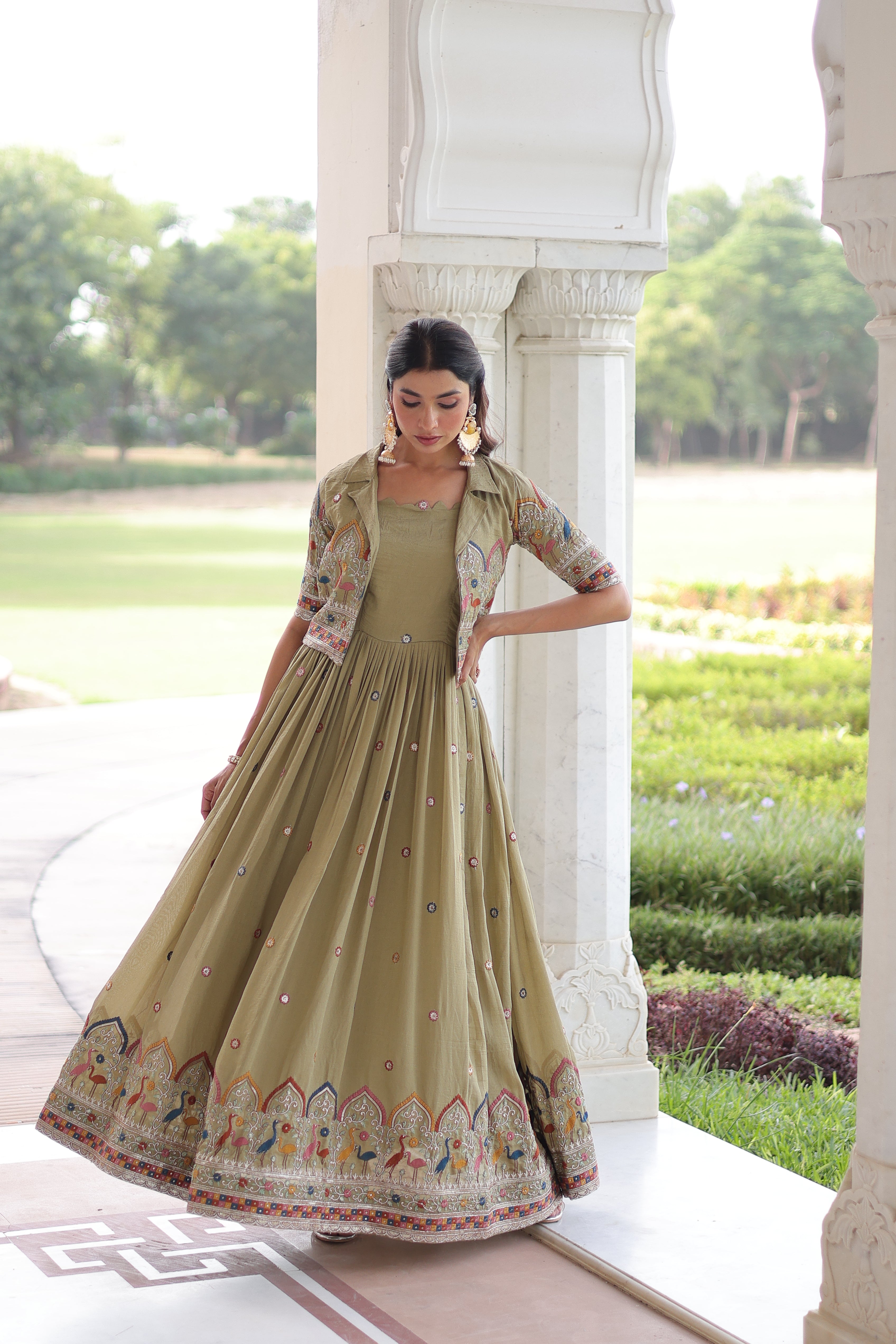 Tivya Pista Green Vichitra Silk Zari Sequins Thread Embroidered Gown with Koti