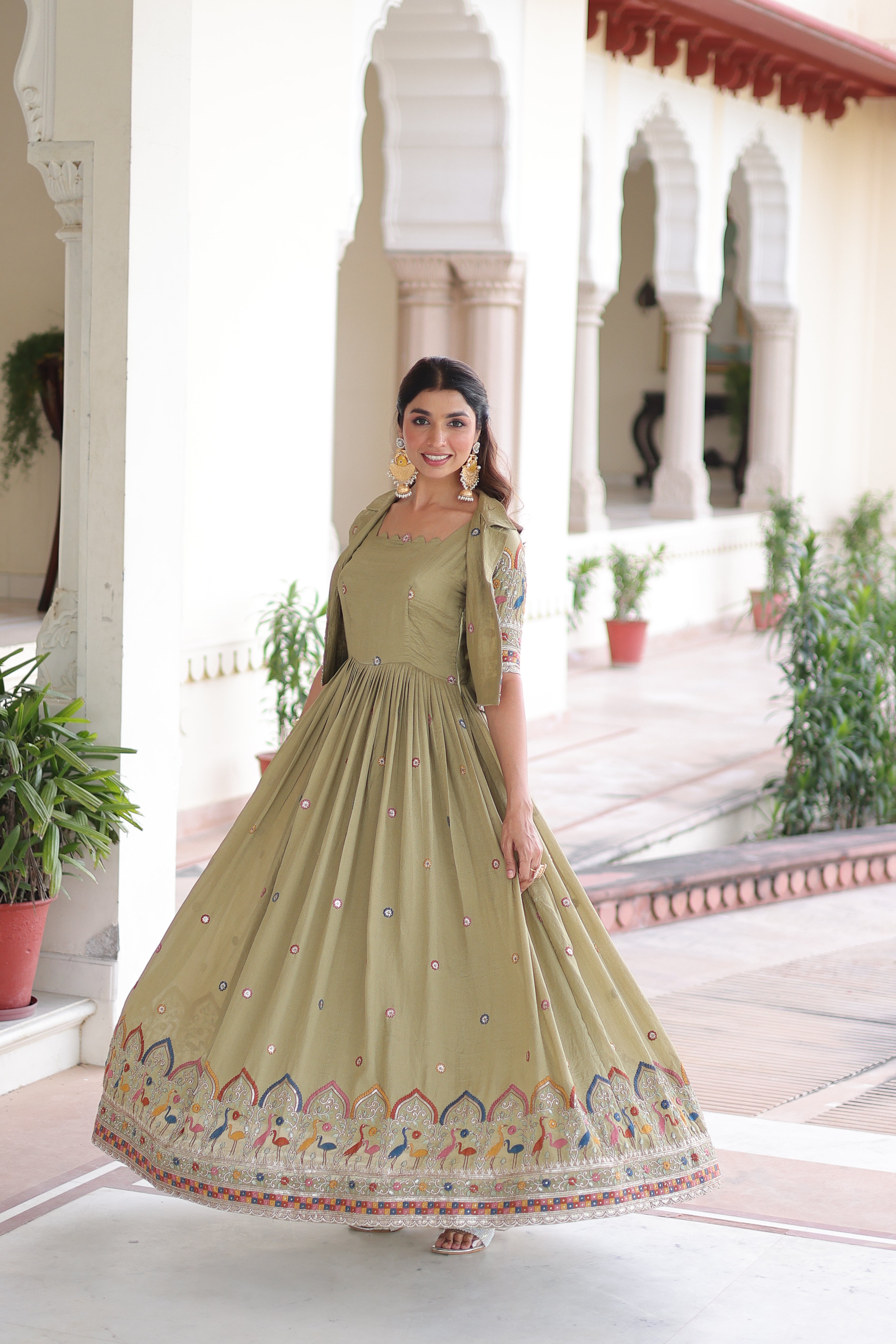 Tivya Pista Green Vichitra Silk Zari Sequins Thread Embroidered Gown with Koti