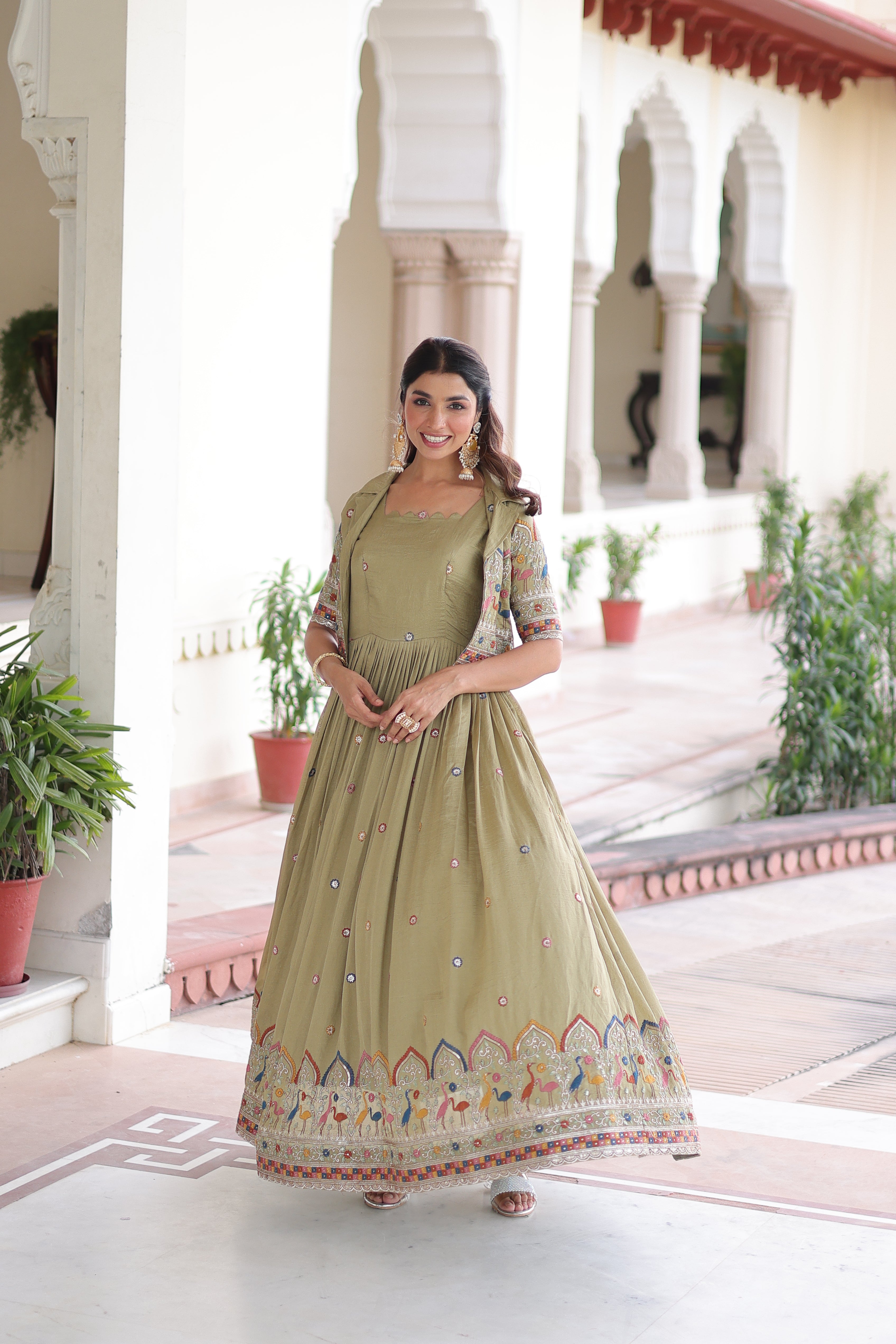 Tivya Pista Green Vichitra Silk Zari Sequins Thread Embroidered Gown with Koti