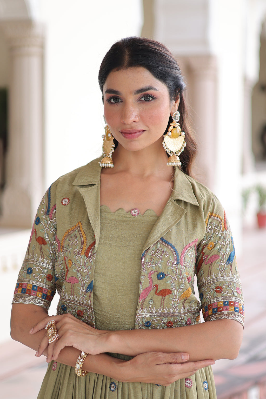 Tivya Pista Green Vichitra Silk Zari Sequins Thread Embroidered Gown with Koti