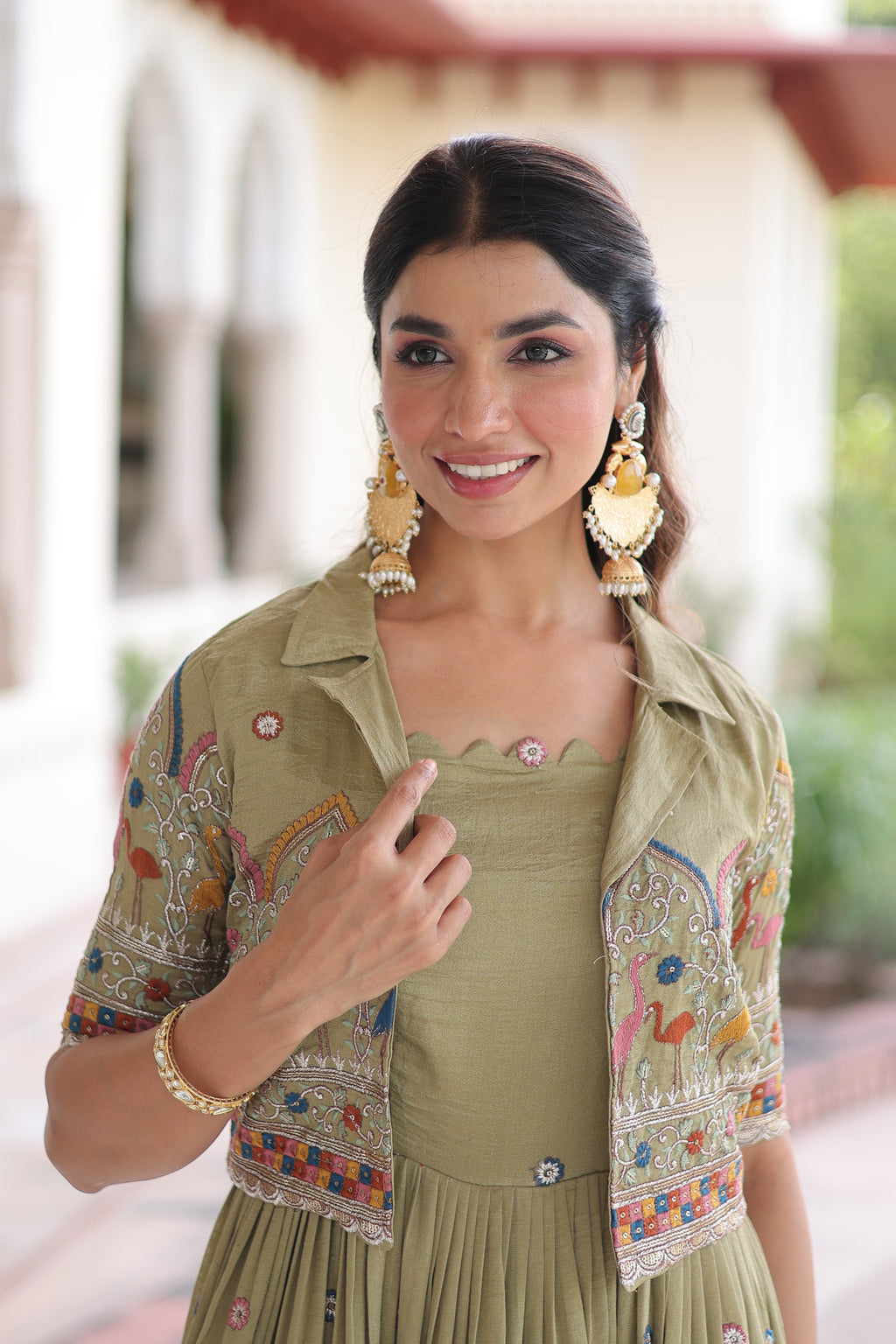 Tivya Pista Green Vichitra Silk Zari Sequins Thread Embroidered Gown with Koti