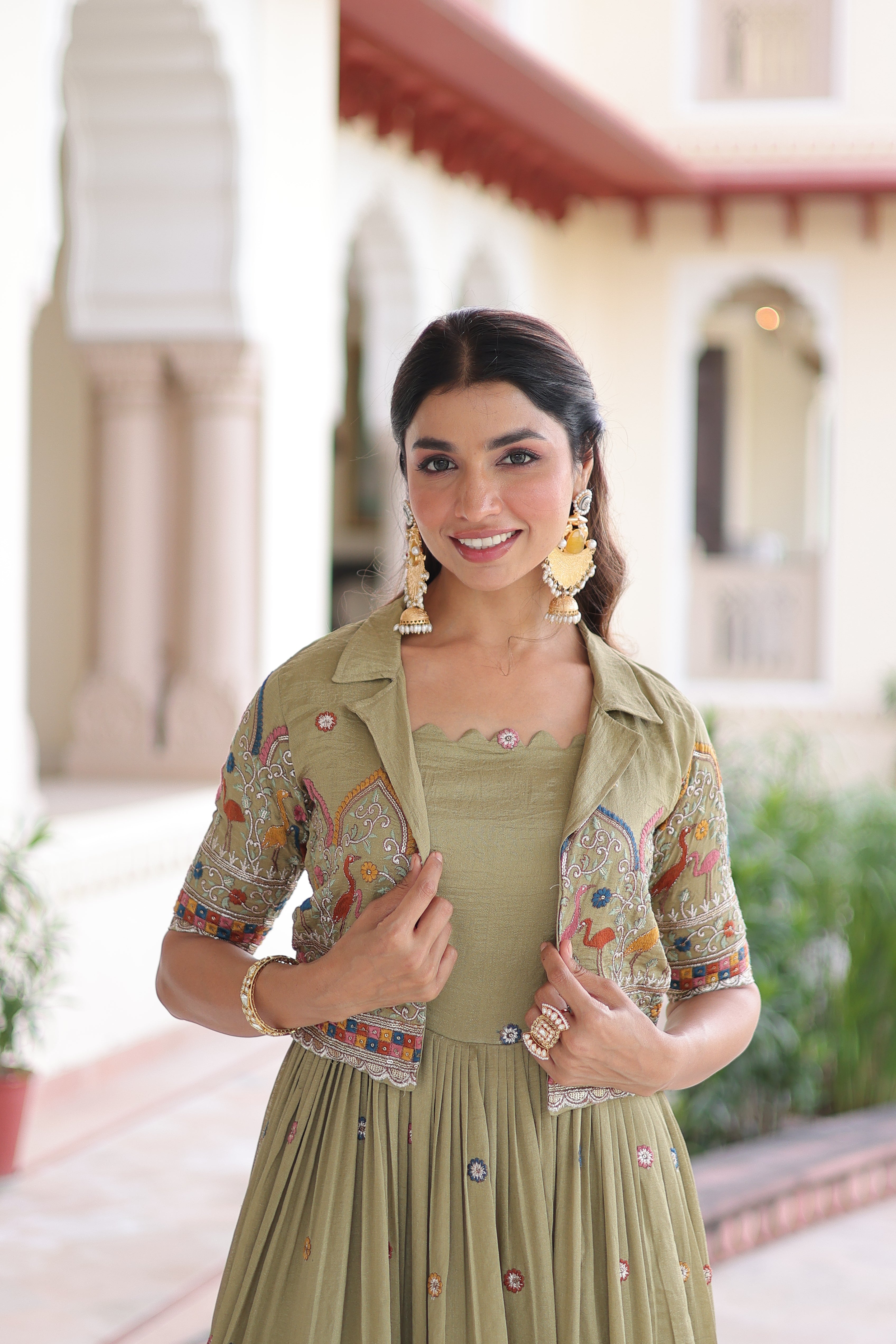 Tivya Pista Green Vichitra Silk Zari Sequins Thread Embroidered Gown with Koti