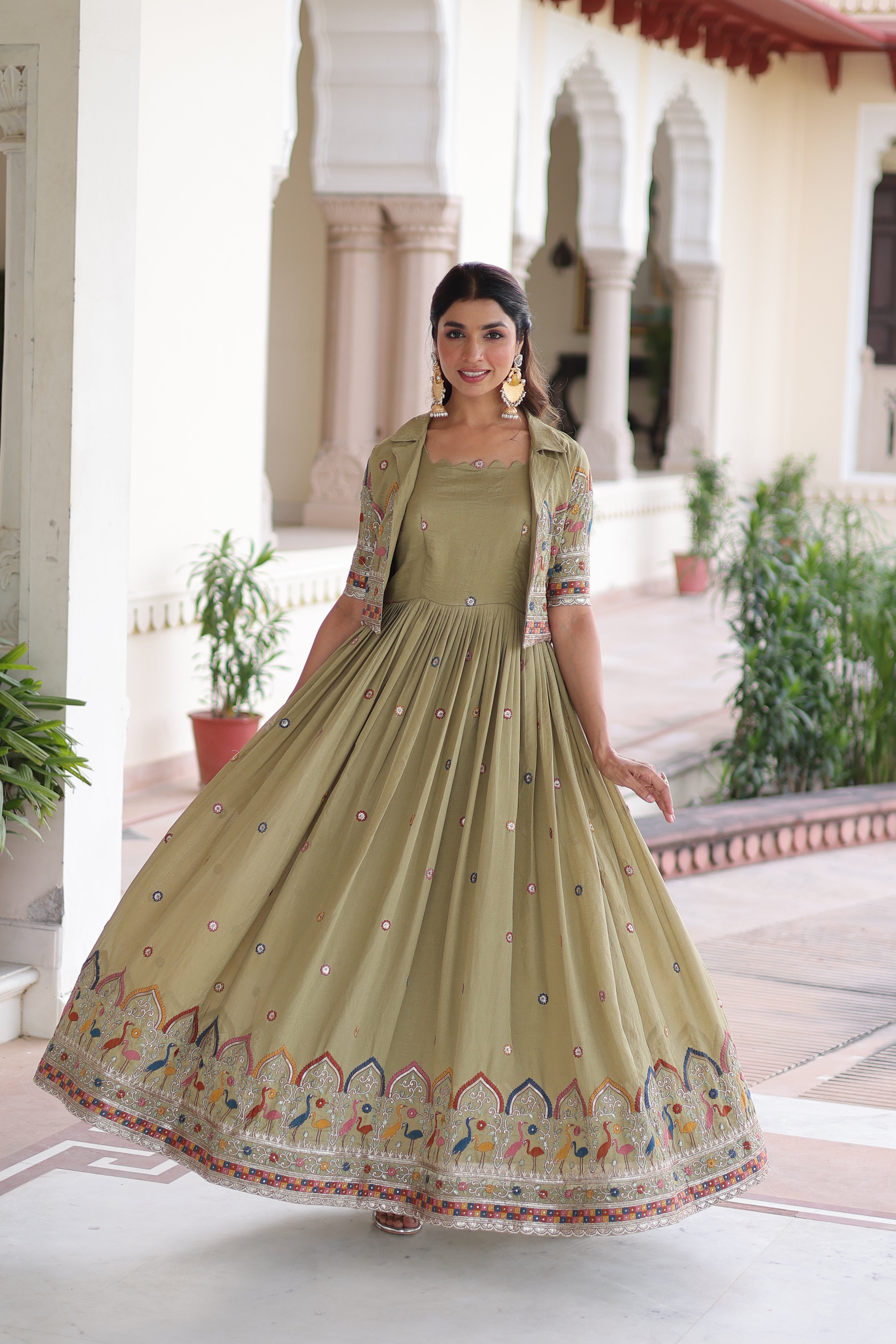 Tivya Pista Green Vichitra Silk Zari Sequins Thread Embroidered Gown with Koti