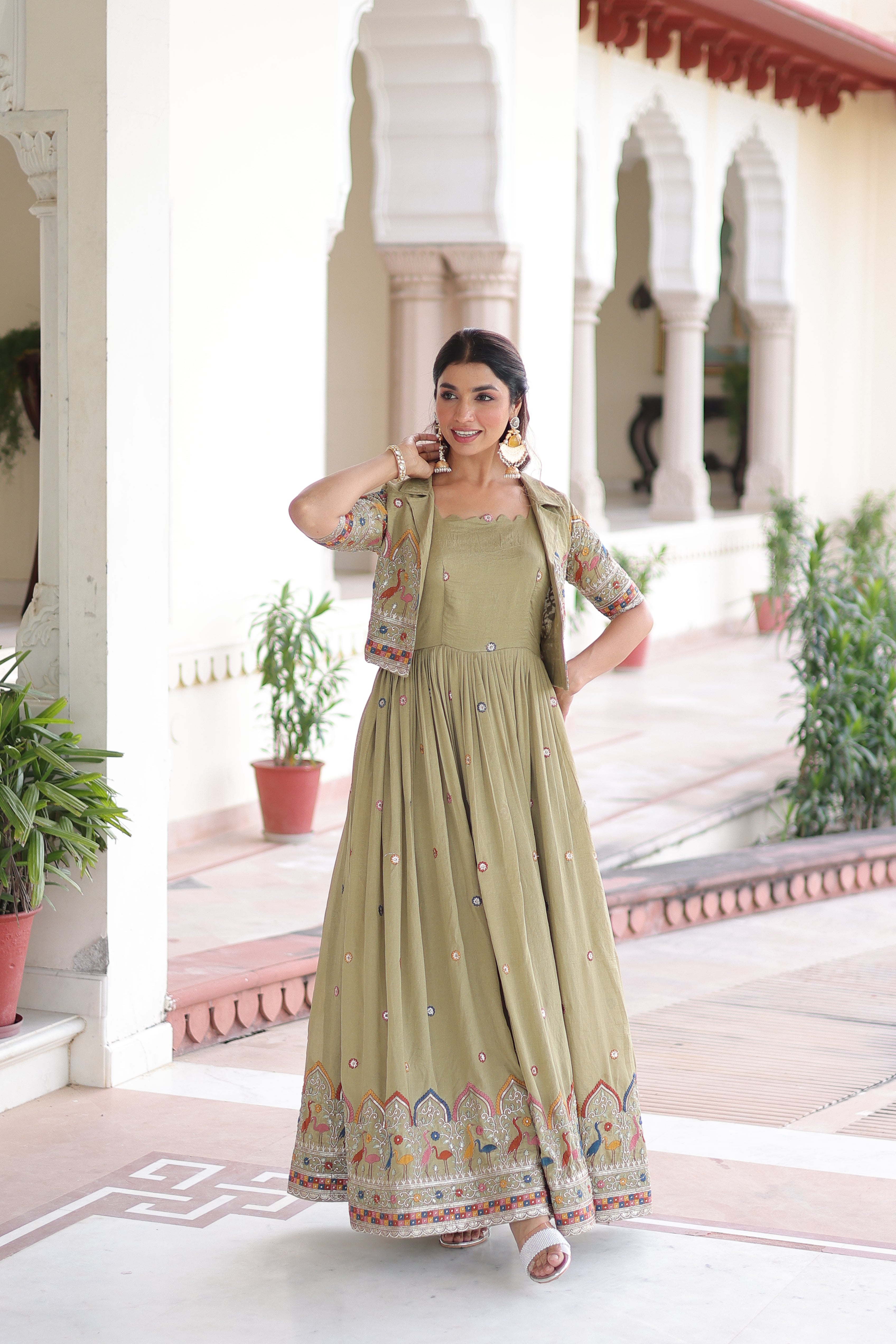 Tivya Pista Green Vichitra Silk Zari Sequins Thread Embroidered Gown with Koti