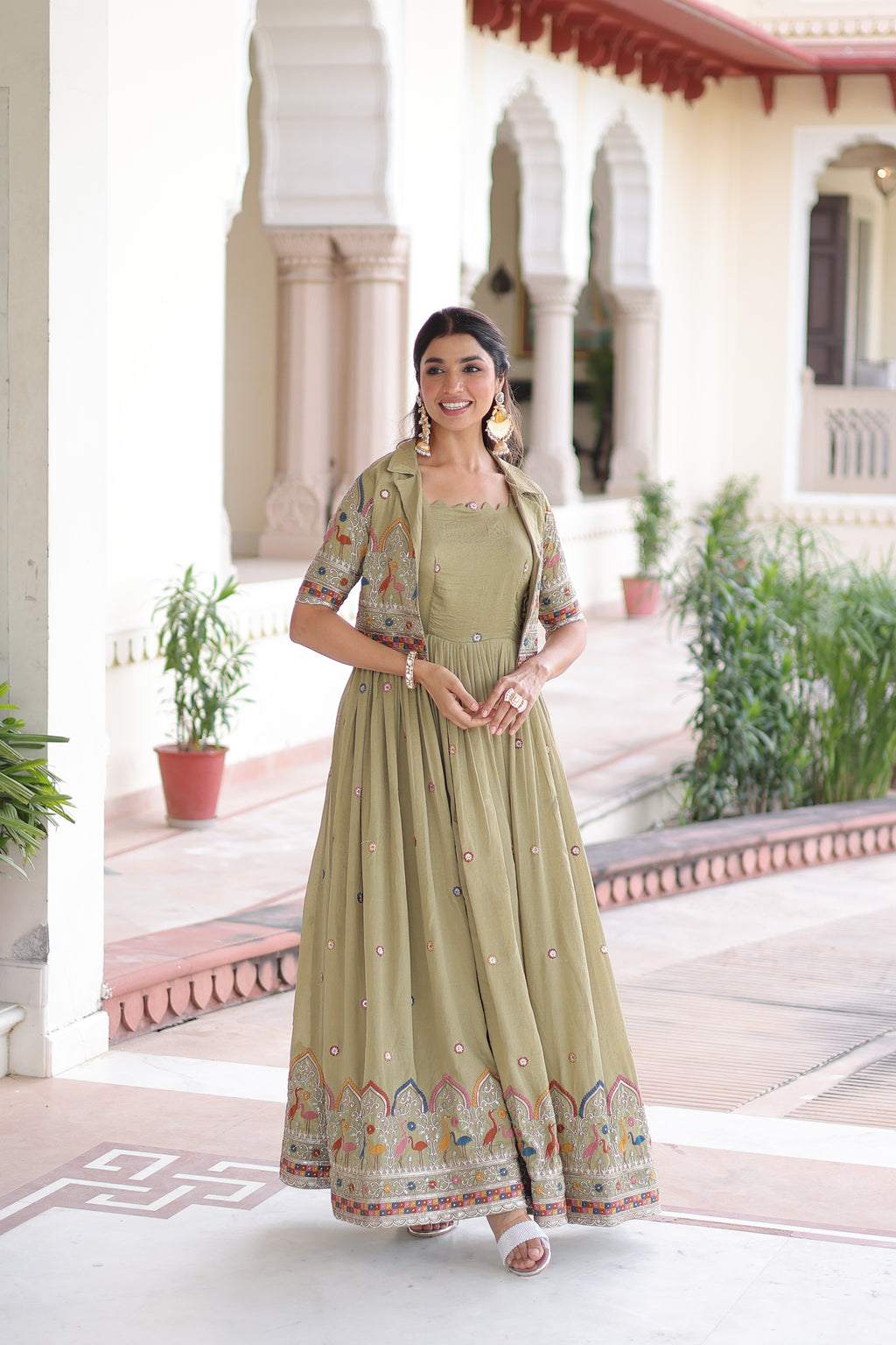 Tivya Pista Green Vichitra Silk Zari Sequins Thread Embroidered Gown with Koti
