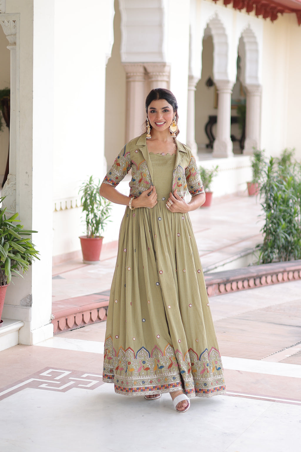 Tivya Pista Green Vichitra Silk Zari Sequins Thread Embroidered Gown with Koti