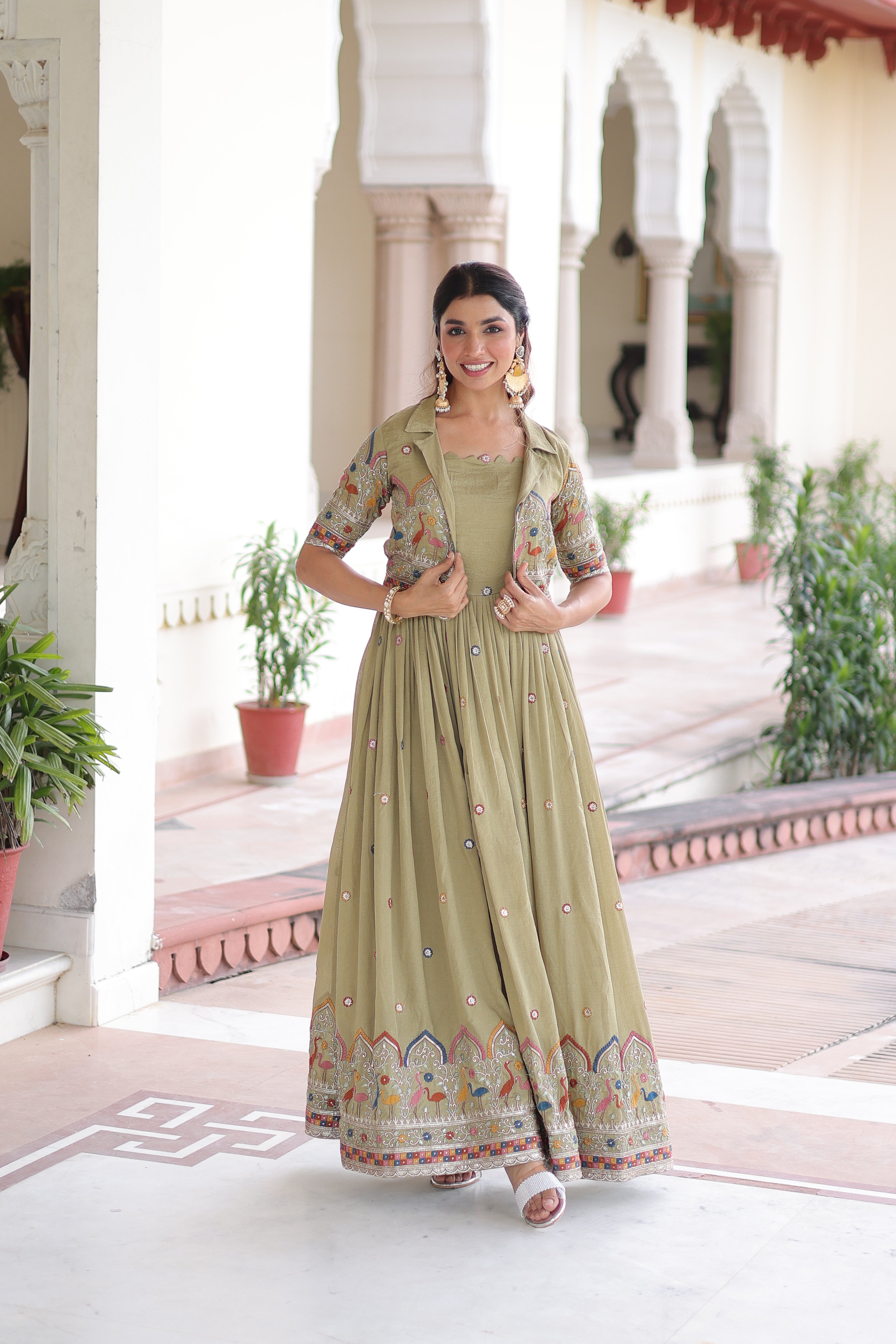 Tivya Pista Green Vichitra Silk Zari Sequins Thread Embroidered Gown with Koti