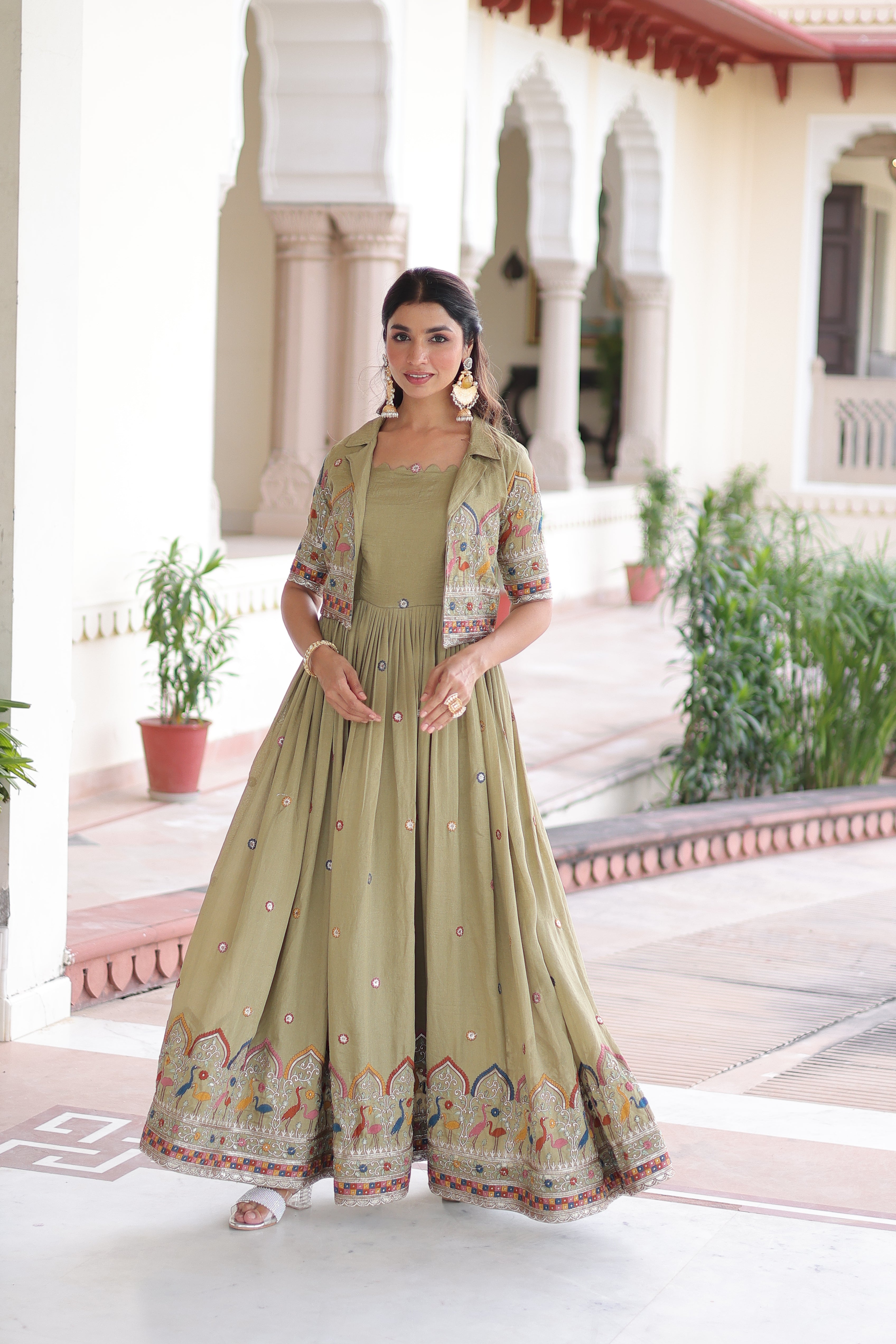 Tivya Pista Green Vichitra Silk Zari Sequins Thread Embroidered Gown with Koti