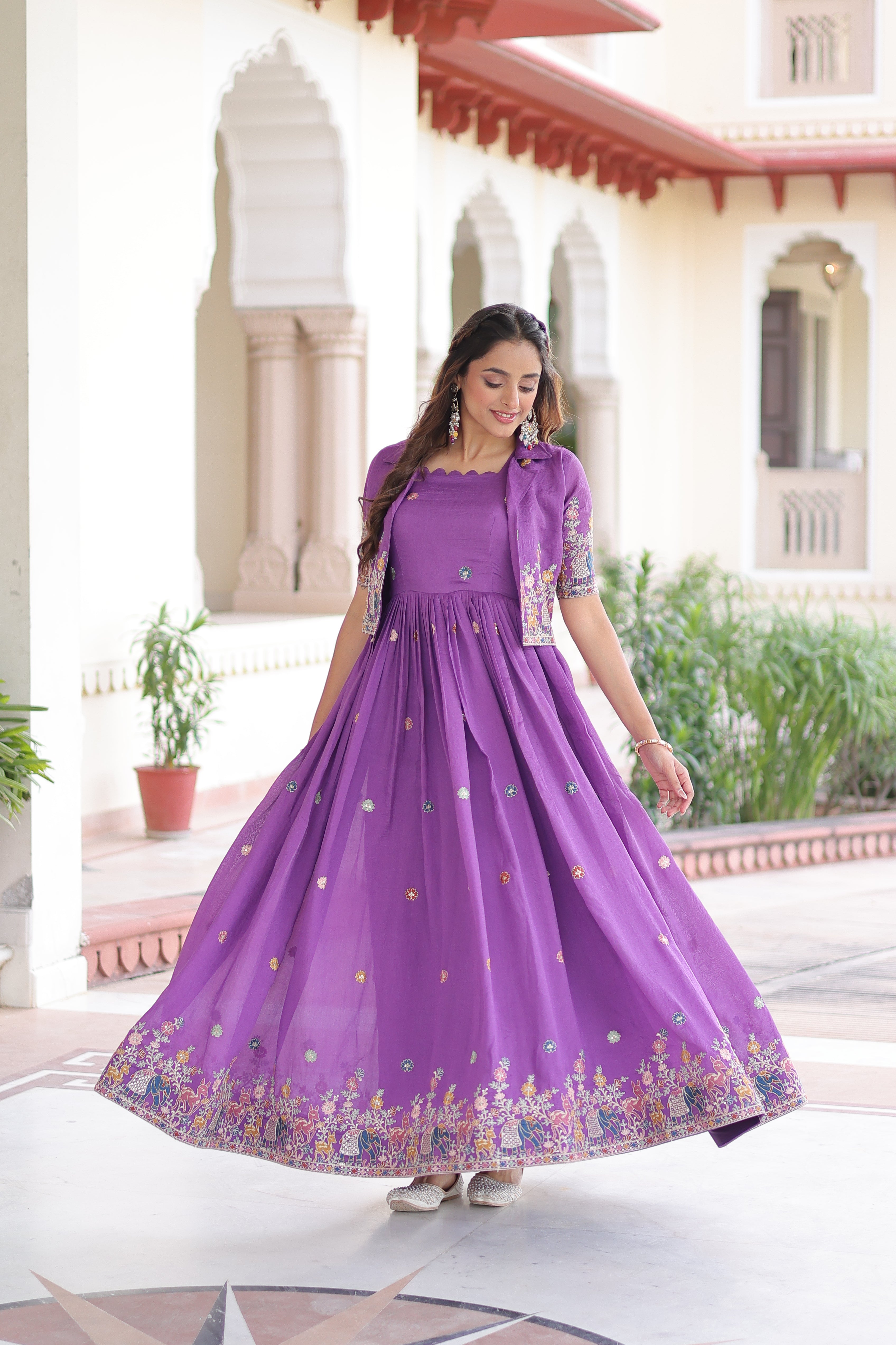Tivya Purple Color Vichitra Silk Zari Sequins Thread Embroidered Gown with Koti