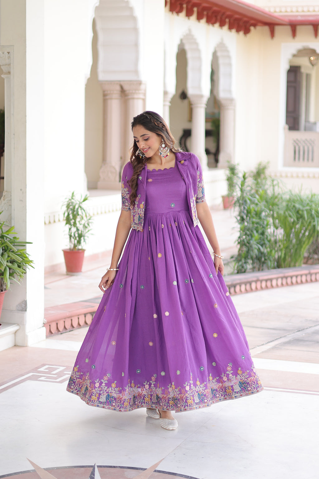 Tivya Purple Color Vichitra Silk Zari Sequins Thread Embroidered Gown with Koti