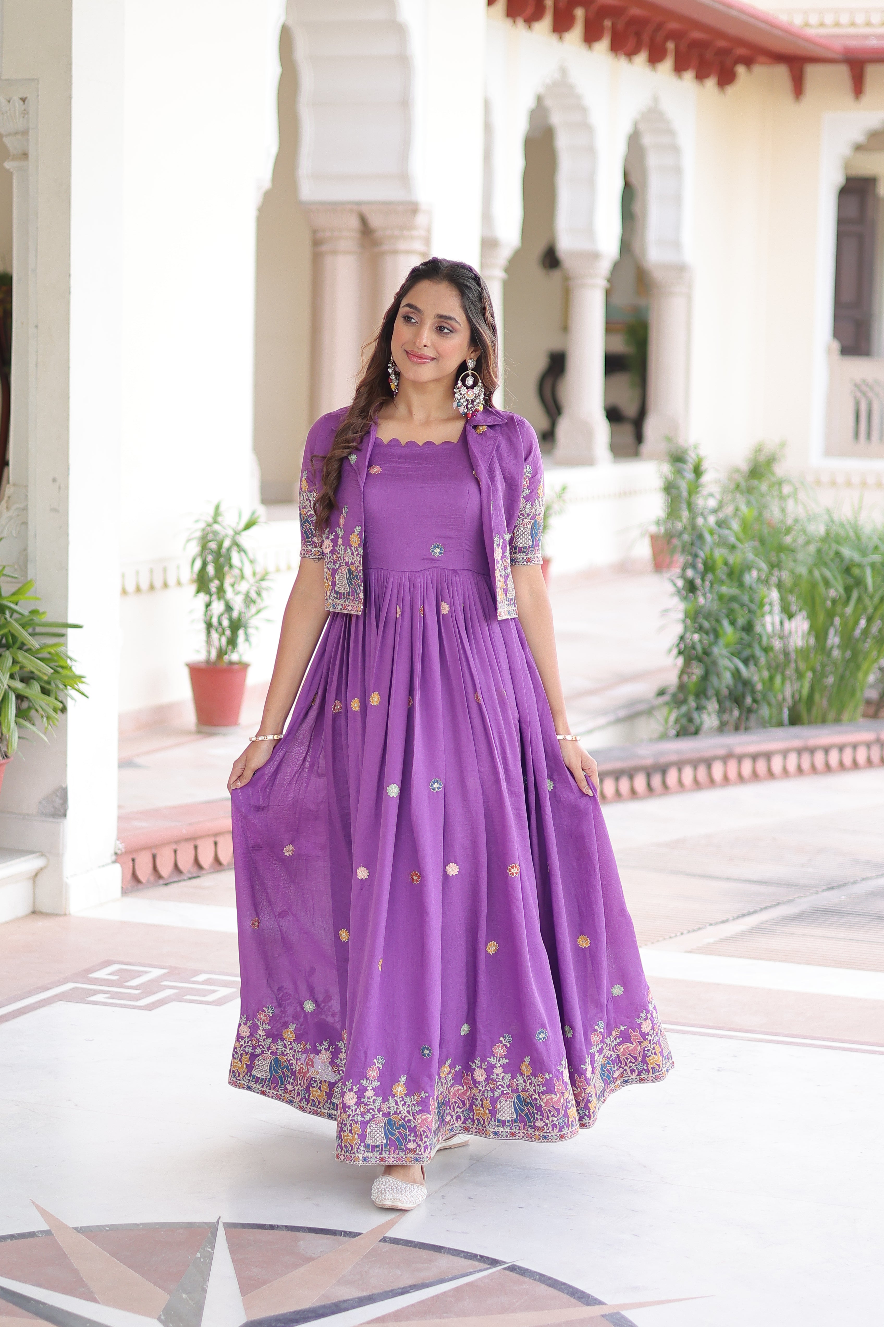 Tivya Purple Color Vichitra Silk Zari Sequins Thread Embroidered Gown with Koti