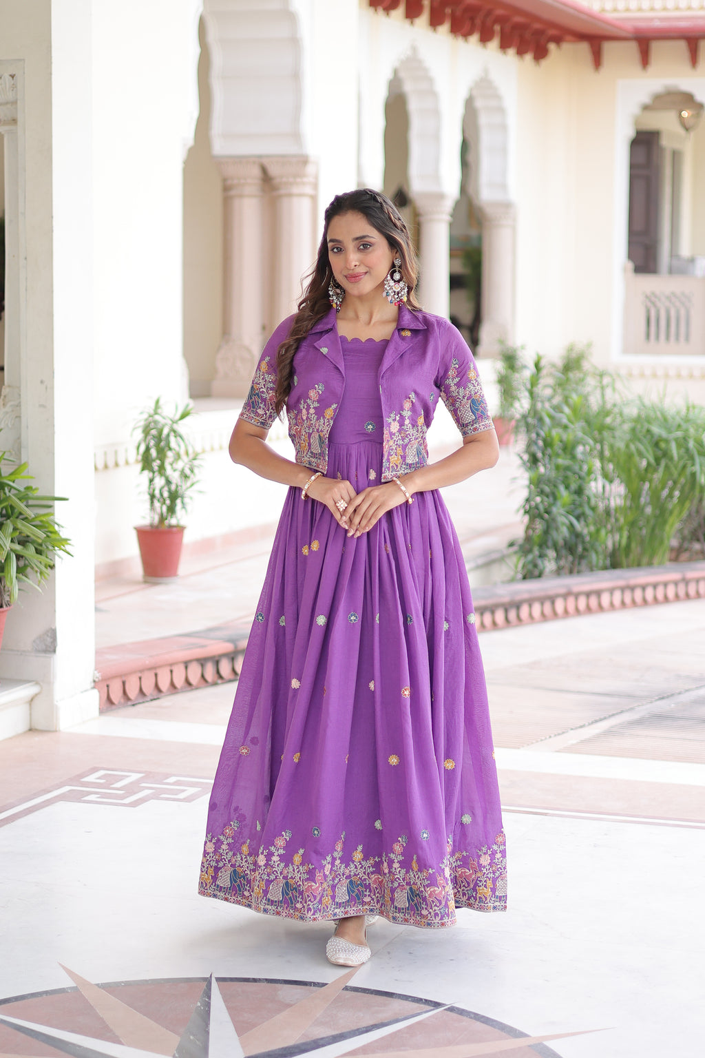 Tivya Purple Color Vichitra Silk Zari Sequins Thread Embroidered Gown with Koti