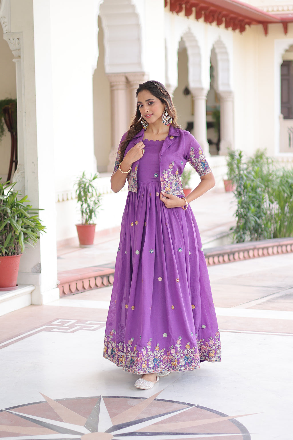 Tivya Purple Color Vichitra Silk Zari Sequins Thread Embroidered Gown with Koti