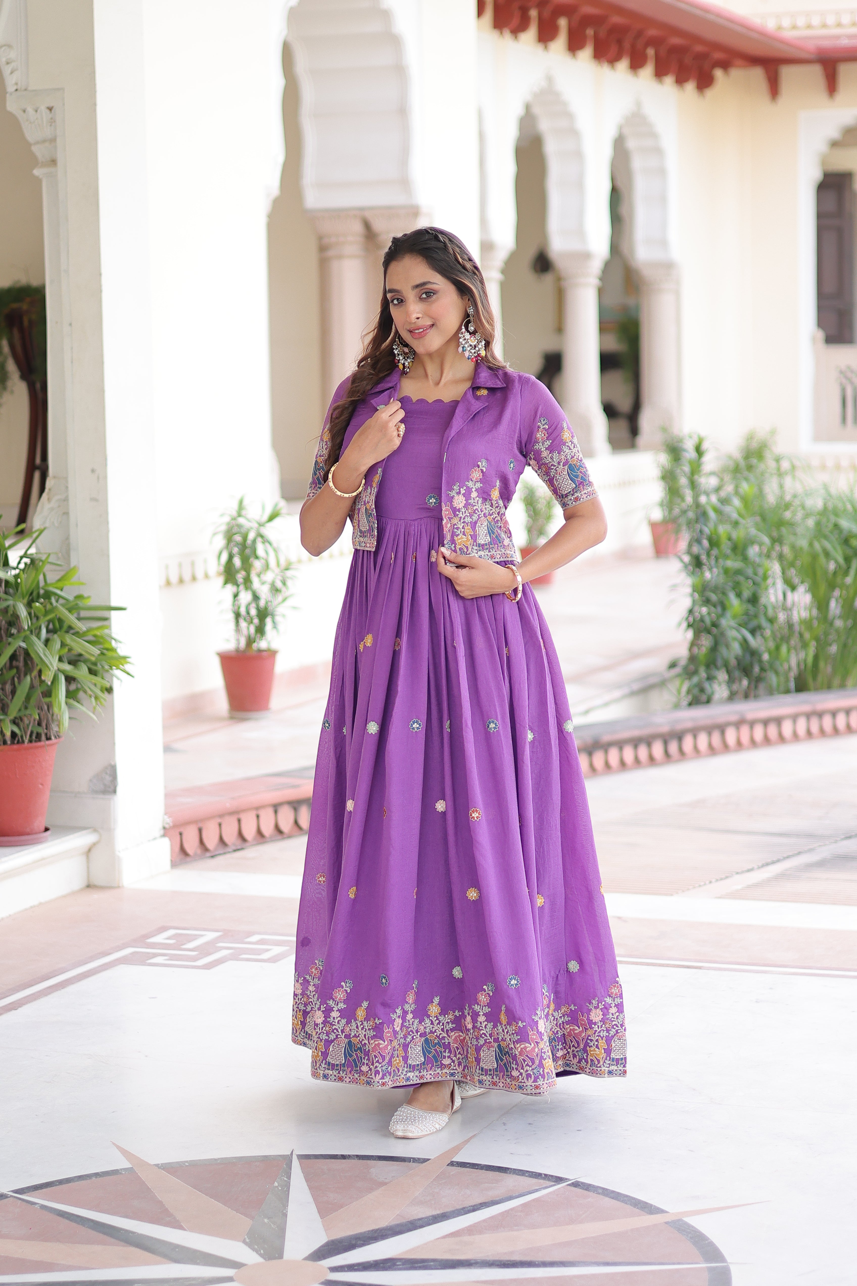 Tivya Purple Color Vichitra Silk Zari Sequins Thread Embroidered Gown with Koti