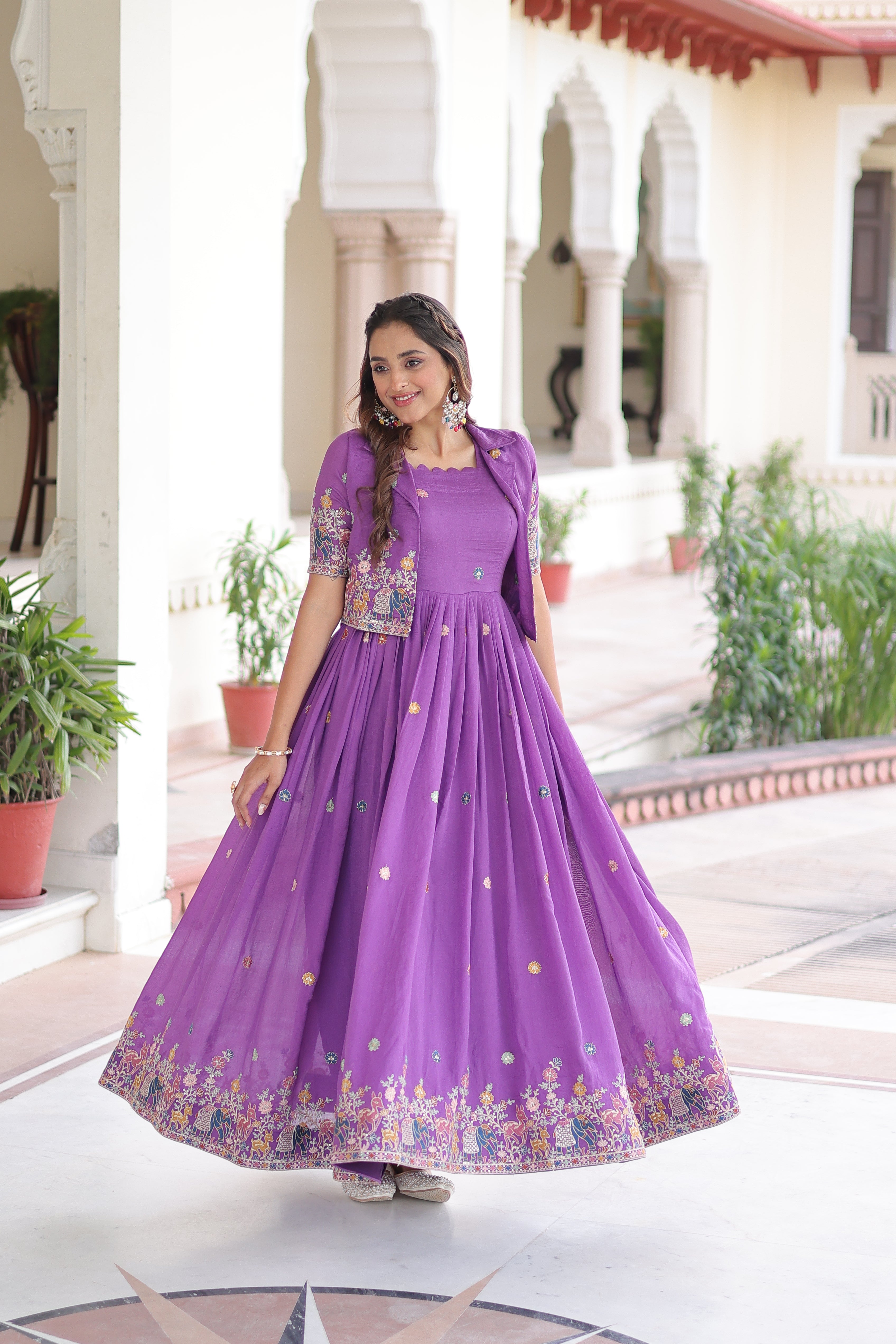 Tivya Purple Color Vichitra Silk Zari Sequins Thread Embroidered Gown with Koti