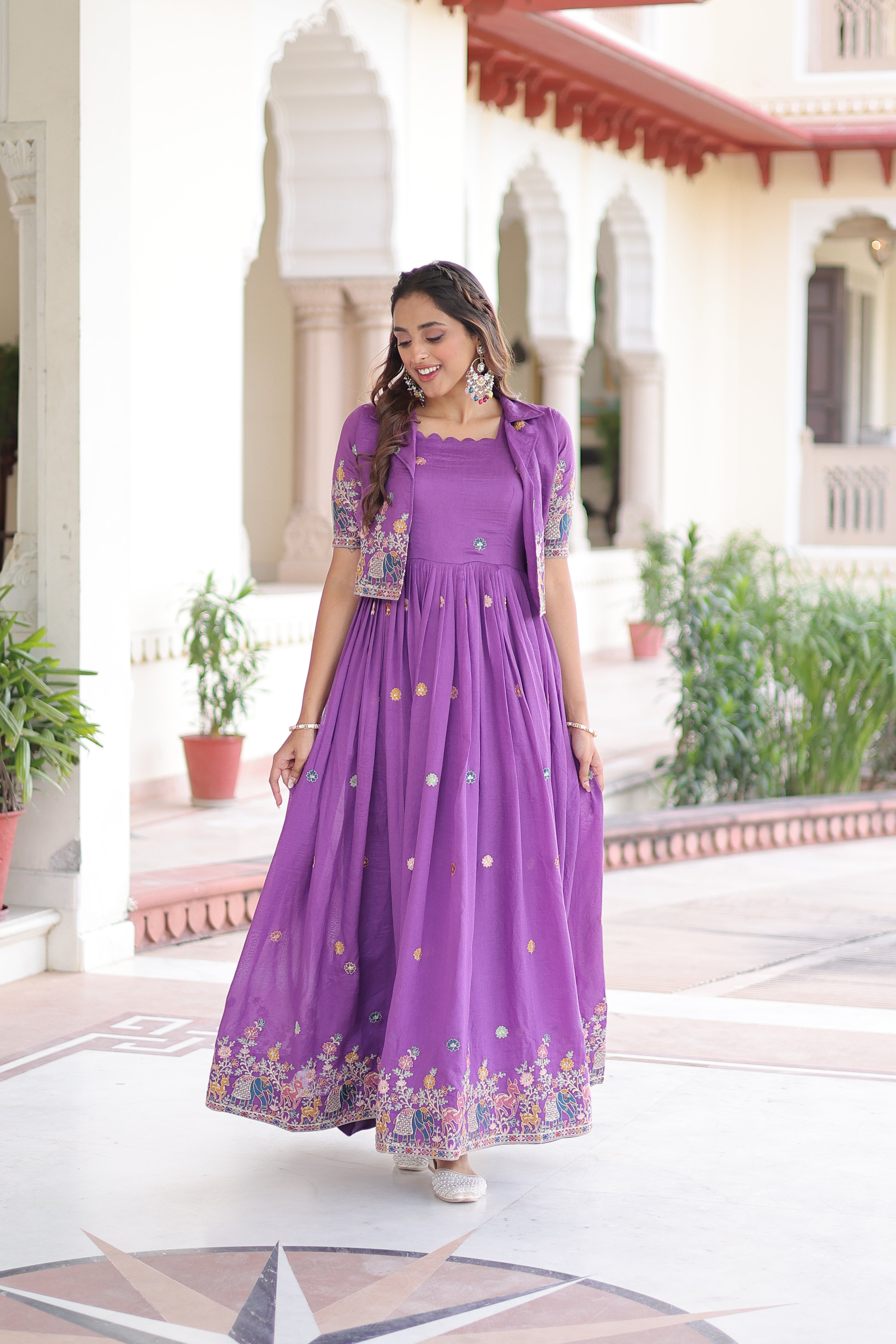 Tivya Purple Color Vichitra Silk Zari Sequins Thread Embroidered Gown with Koti