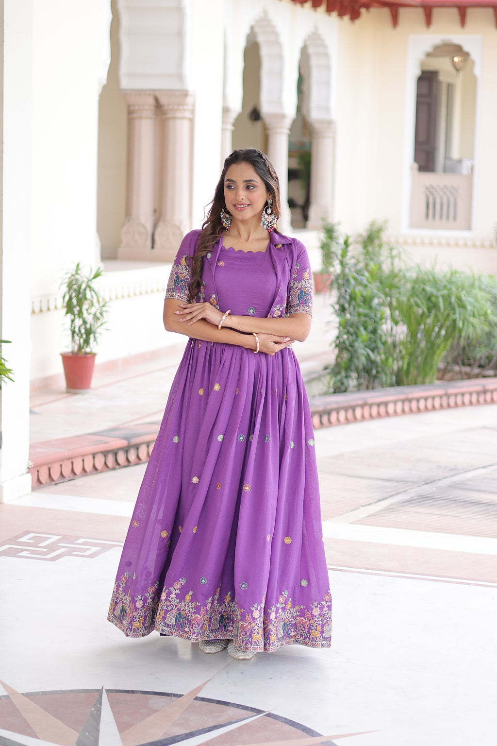 Tivya Purple Color Vichitra Silk Zari Sequins Thread Embroidered Gown with Koti