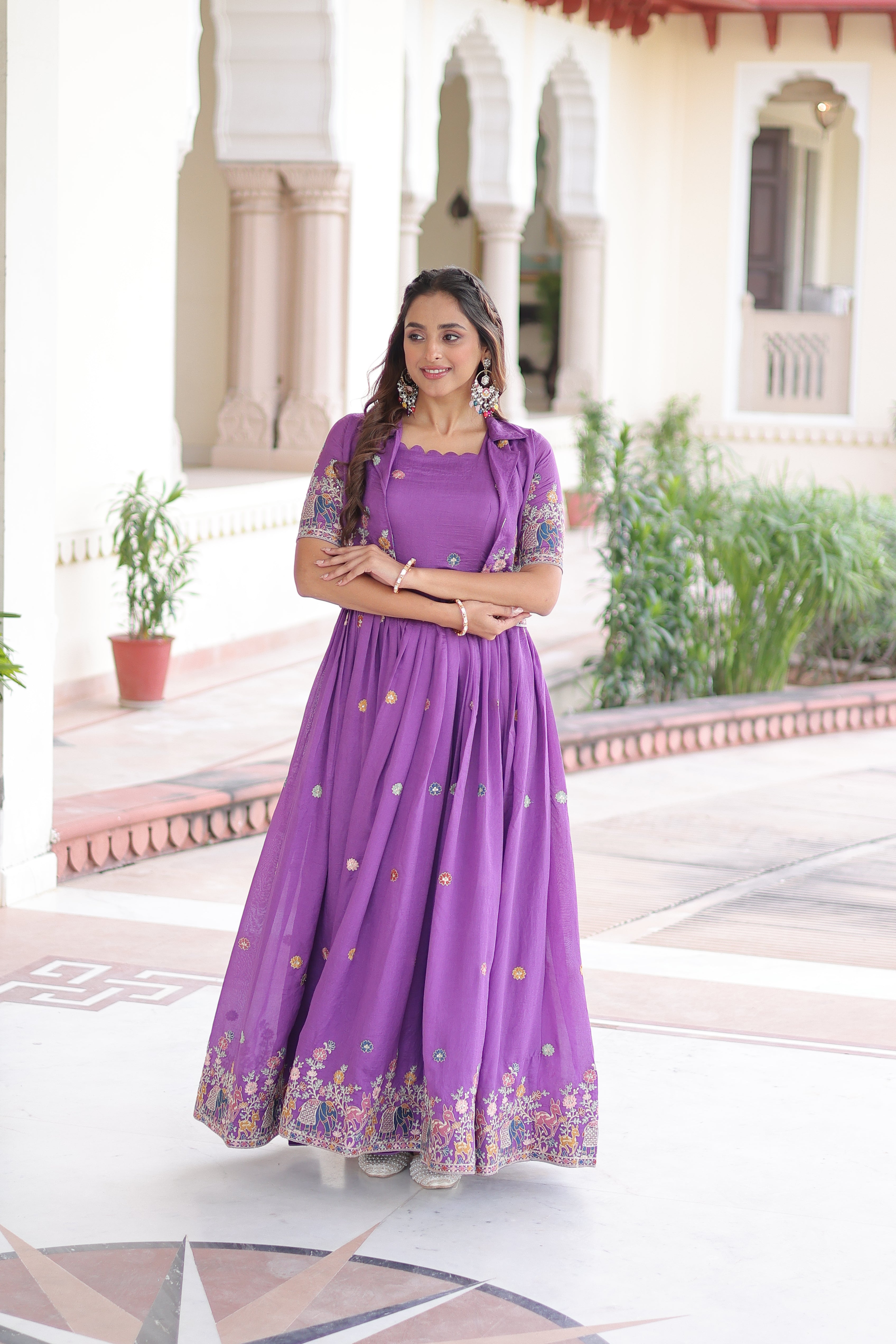 Tivya Purple Color Vichitra Silk Zari Sequins Thread Embroidered Gown with Koti