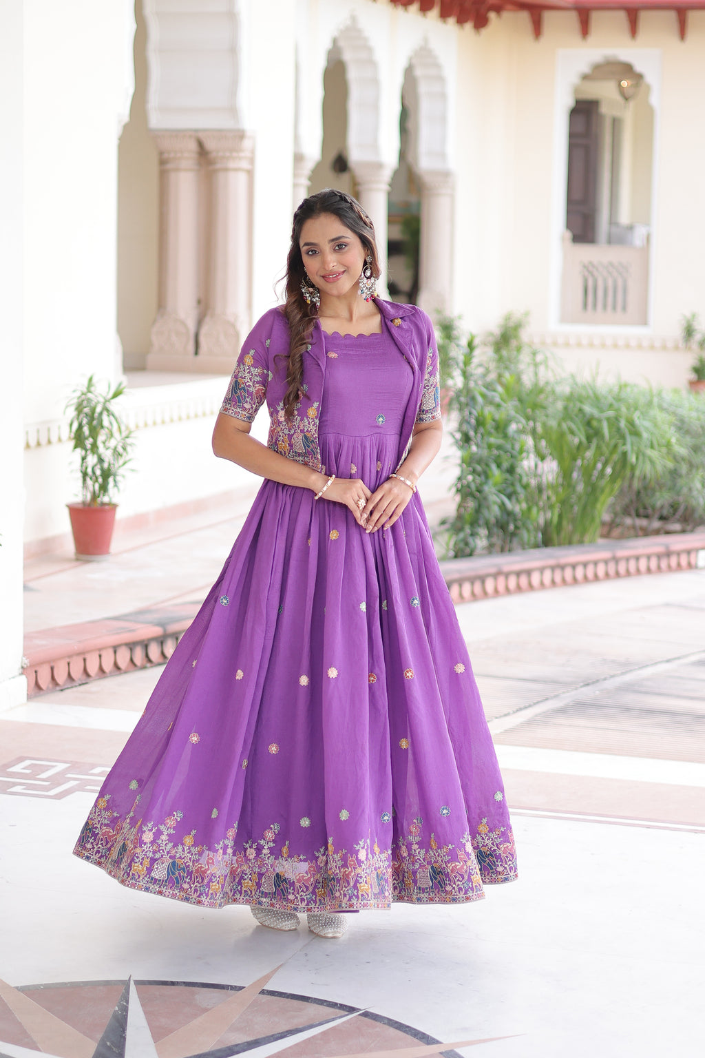 Tivya Purple Color Vichitra Silk Zari Sequins Thread Embroidered Gown with Koti