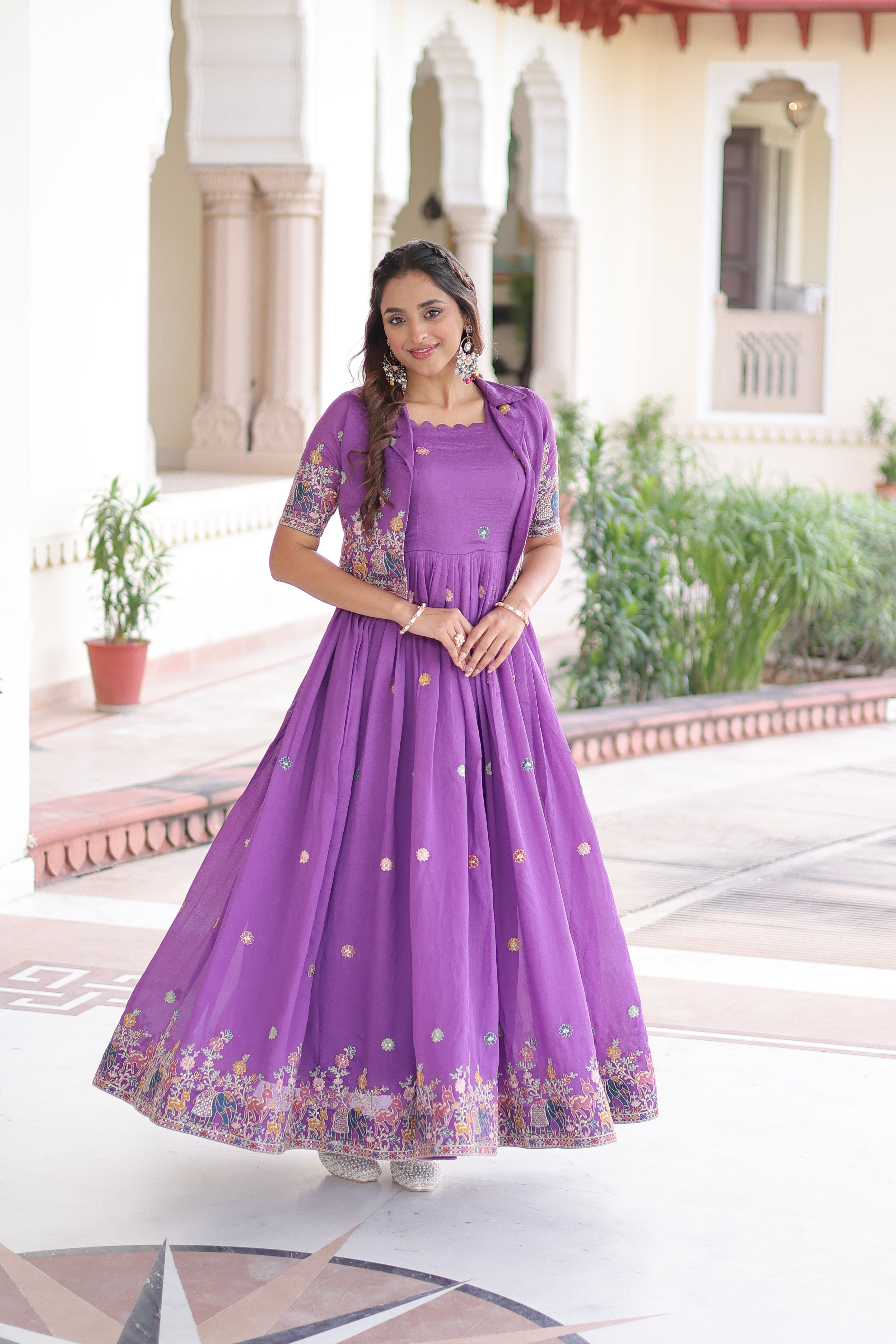 Tivya Purple Color Vichitra Silk Zari Sequins Thread Embroidered Gown with Koti