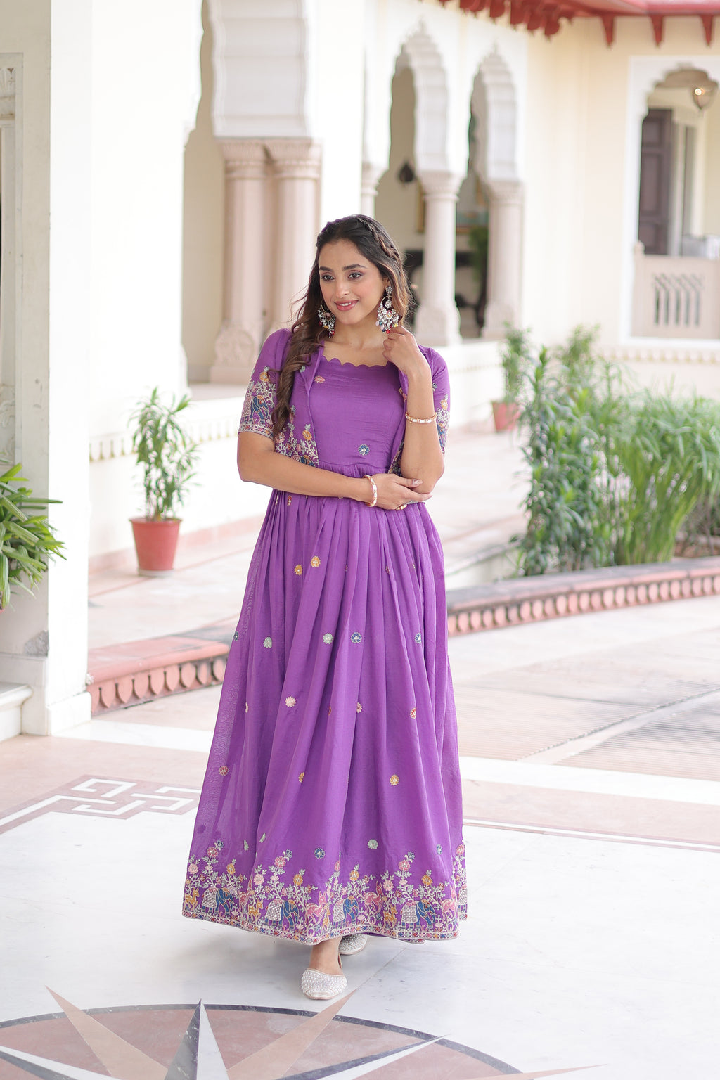 Tivya Purple Color Vichitra Silk Zari Sequins Thread Embroidered Gown with Koti