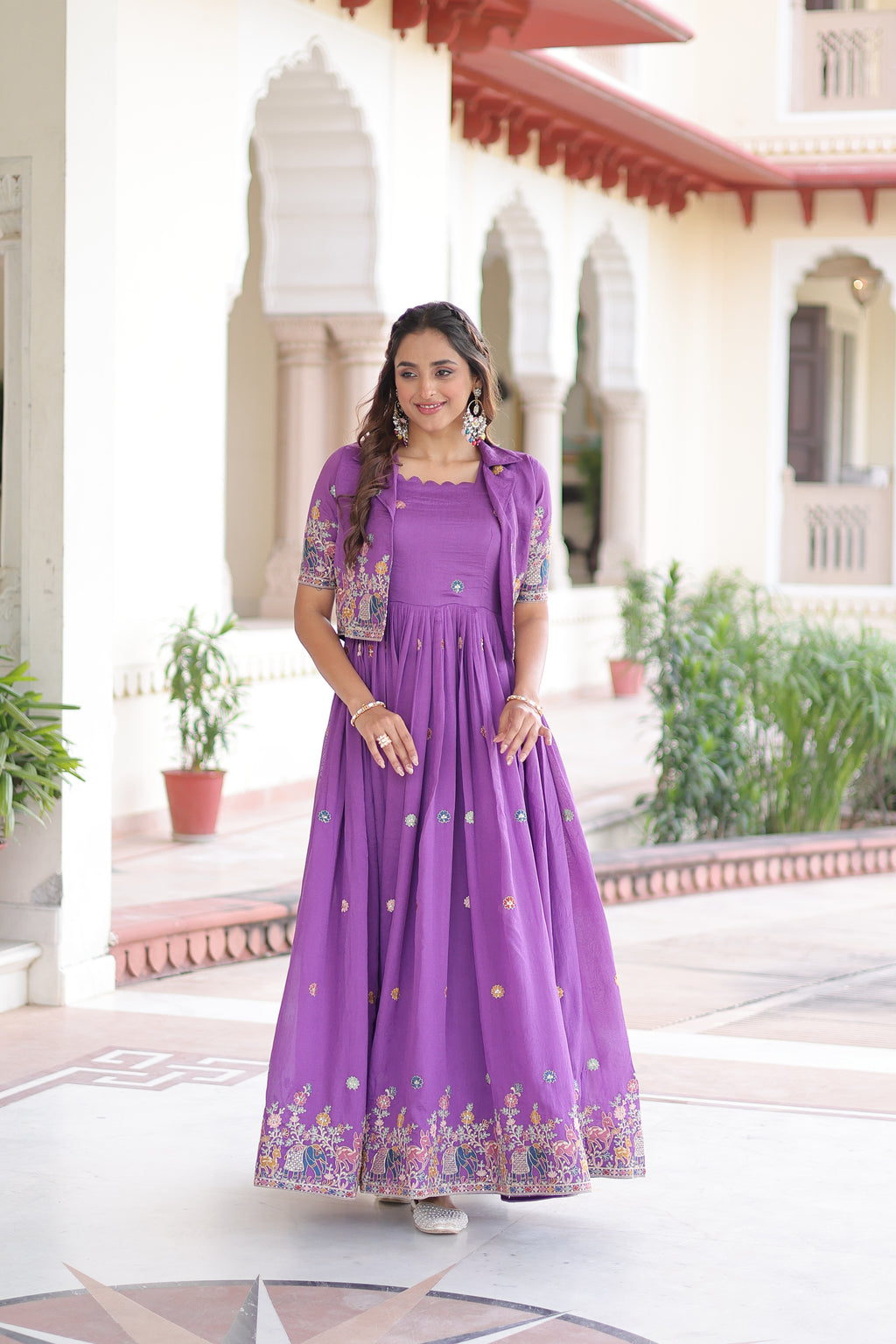 Tivya Purple Color Vichitra Silk Zari Sequins Thread Embroidered Gown with Koti
