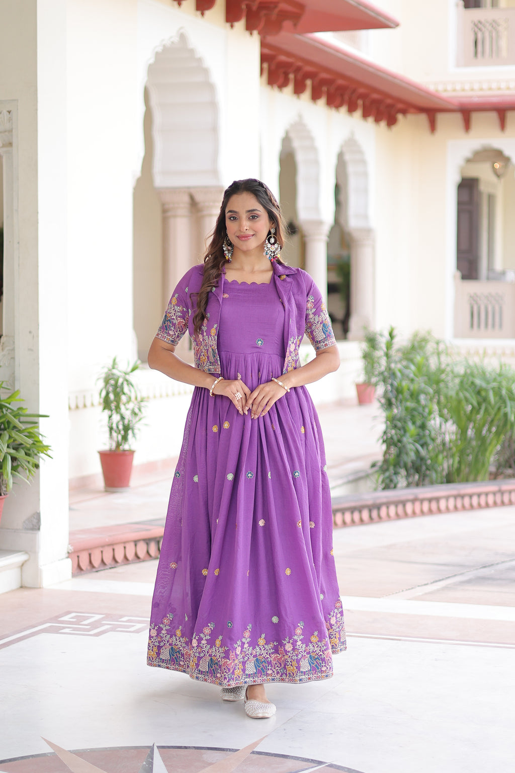 Tivya Purple Color Vichitra Silk Zari Sequins Thread Embroidered Gown with Koti