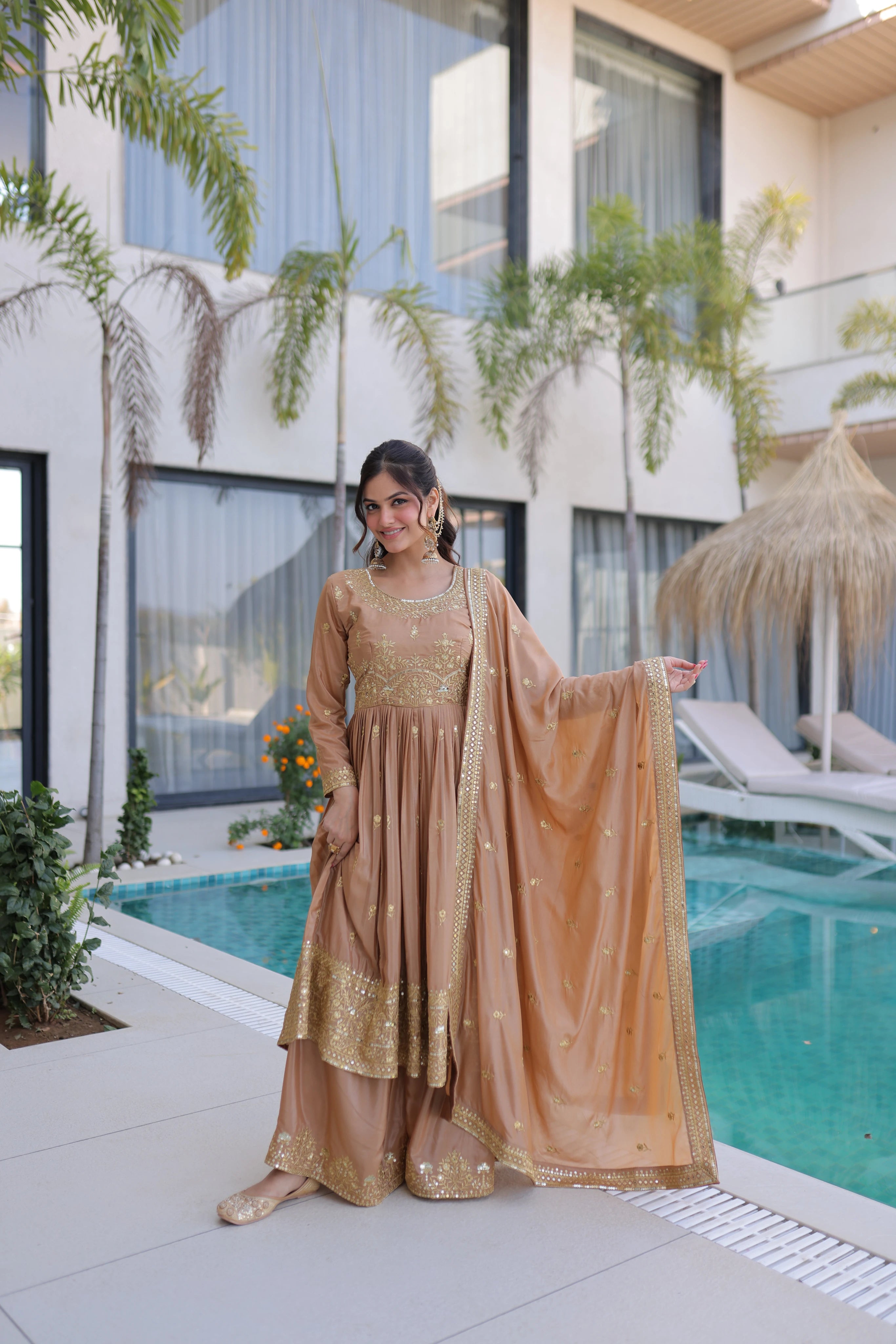 Tiyara Golden Brown Silk with Rich Sequins Embroidered Work Kurti Sharara Set