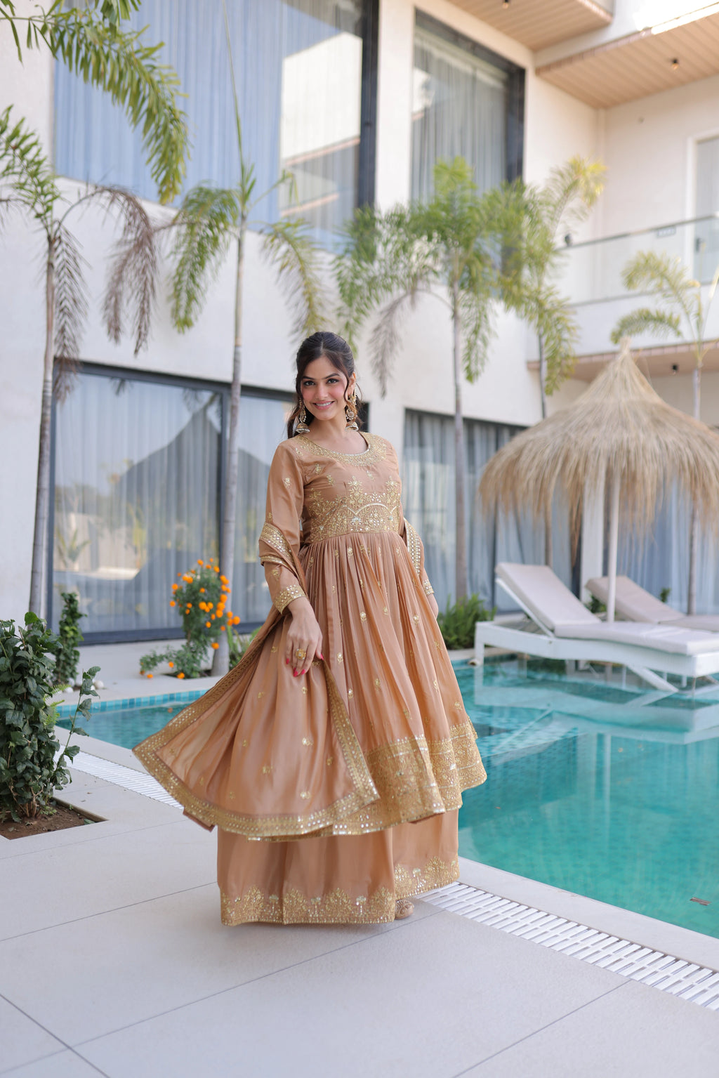 Tiyara Golden Brown Silk with Rich Sequins Embroidered Work Kurti Sharara Set