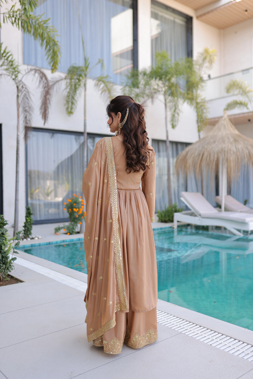 Tiyara Golden Brown Silk with Rich Sequins Embroidered Work Kurti Sharara Set