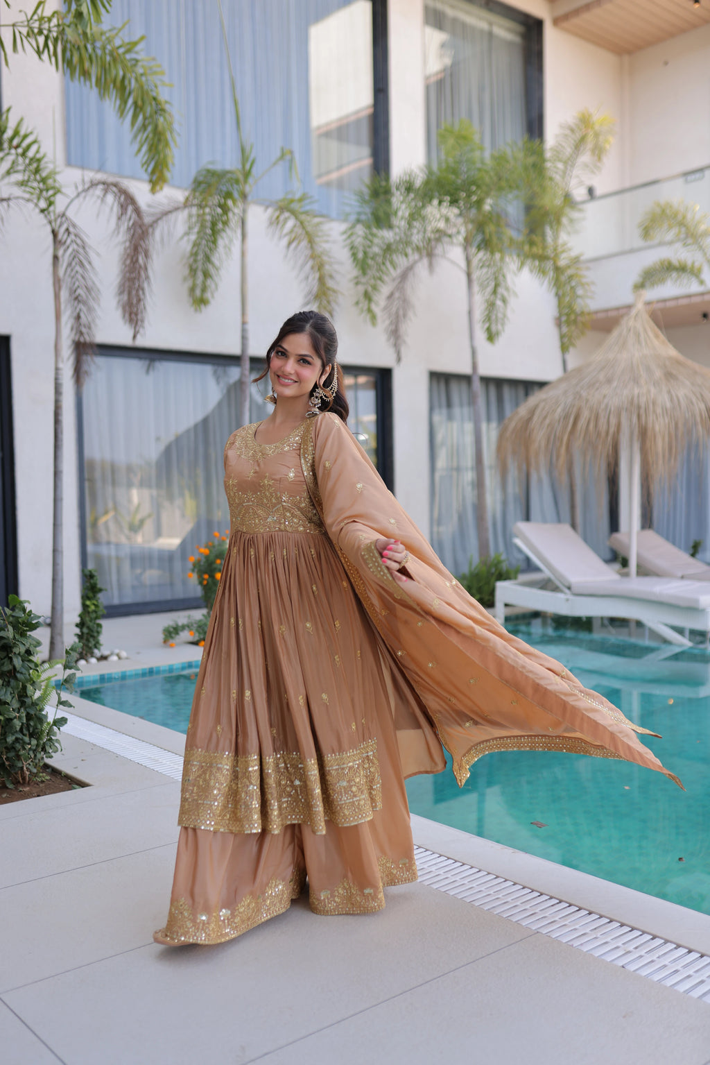 Tiyara Golden Brown Silk with Rich Sequins Embroidered Work Kurti Sharara Set