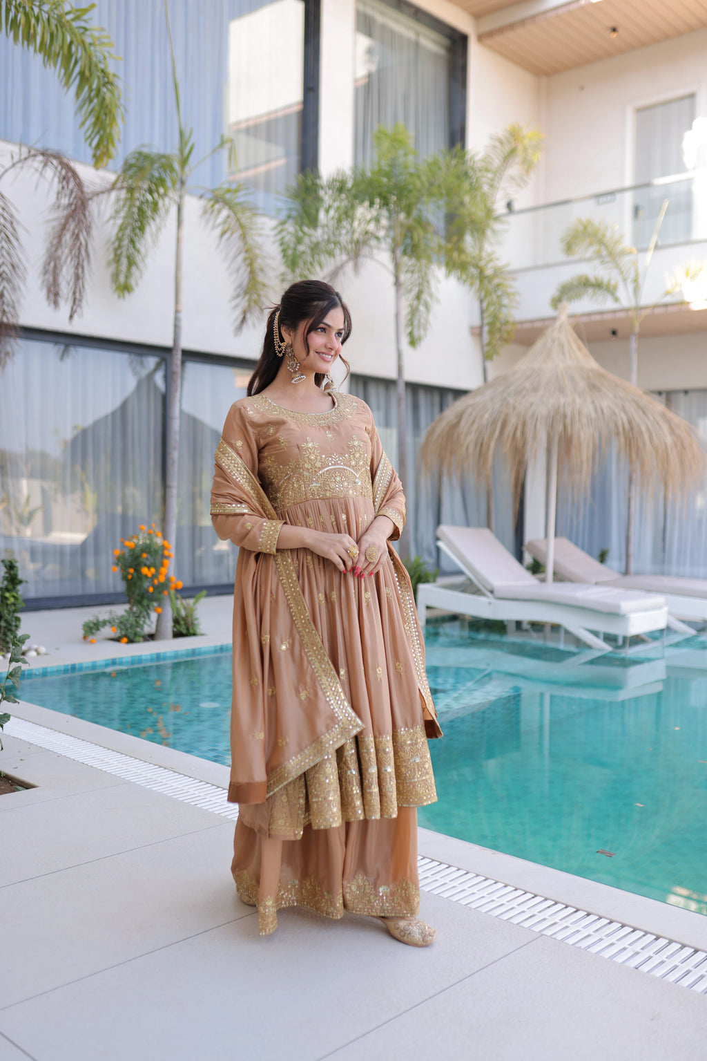 Tiyara Golden Brown Silk with Rich Sequins Embroidered Work Kurti Sharara Set