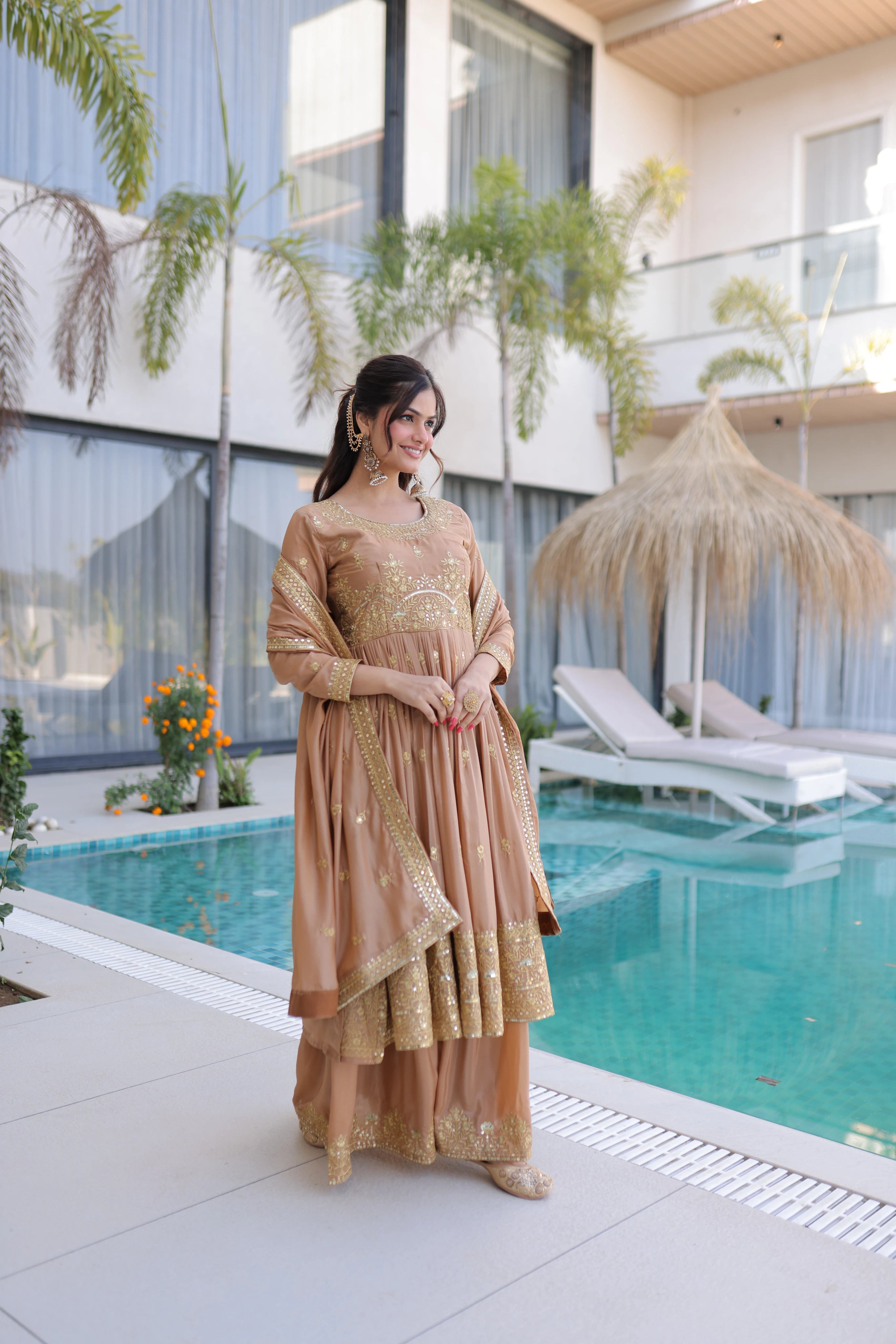 Tiyara Golden Brown Silk with Rich Sequins Embroidered Work Kurti Sharara Set