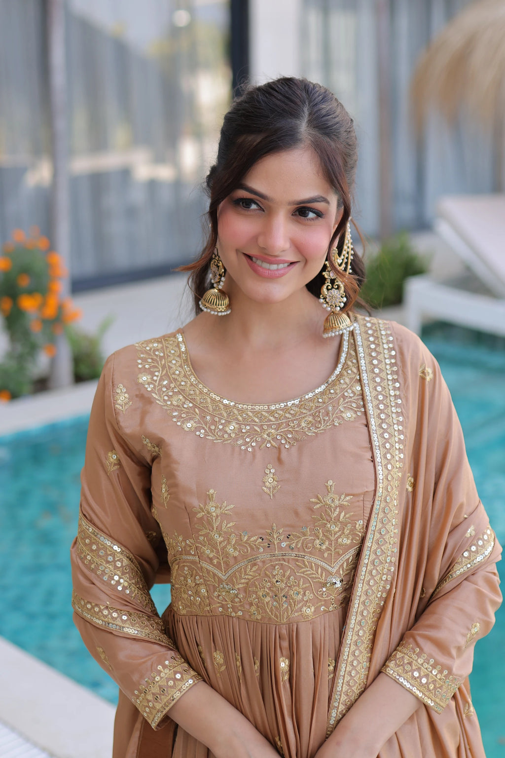 Tiyara Golden Brown Silk with Rich Sequins Embroidered Work Kurti Sharara Set