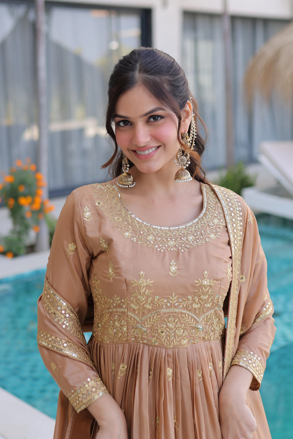 Tiyara Golden Brown Silk with Rich Sequins Embroidered Work Kurti Sharara Set