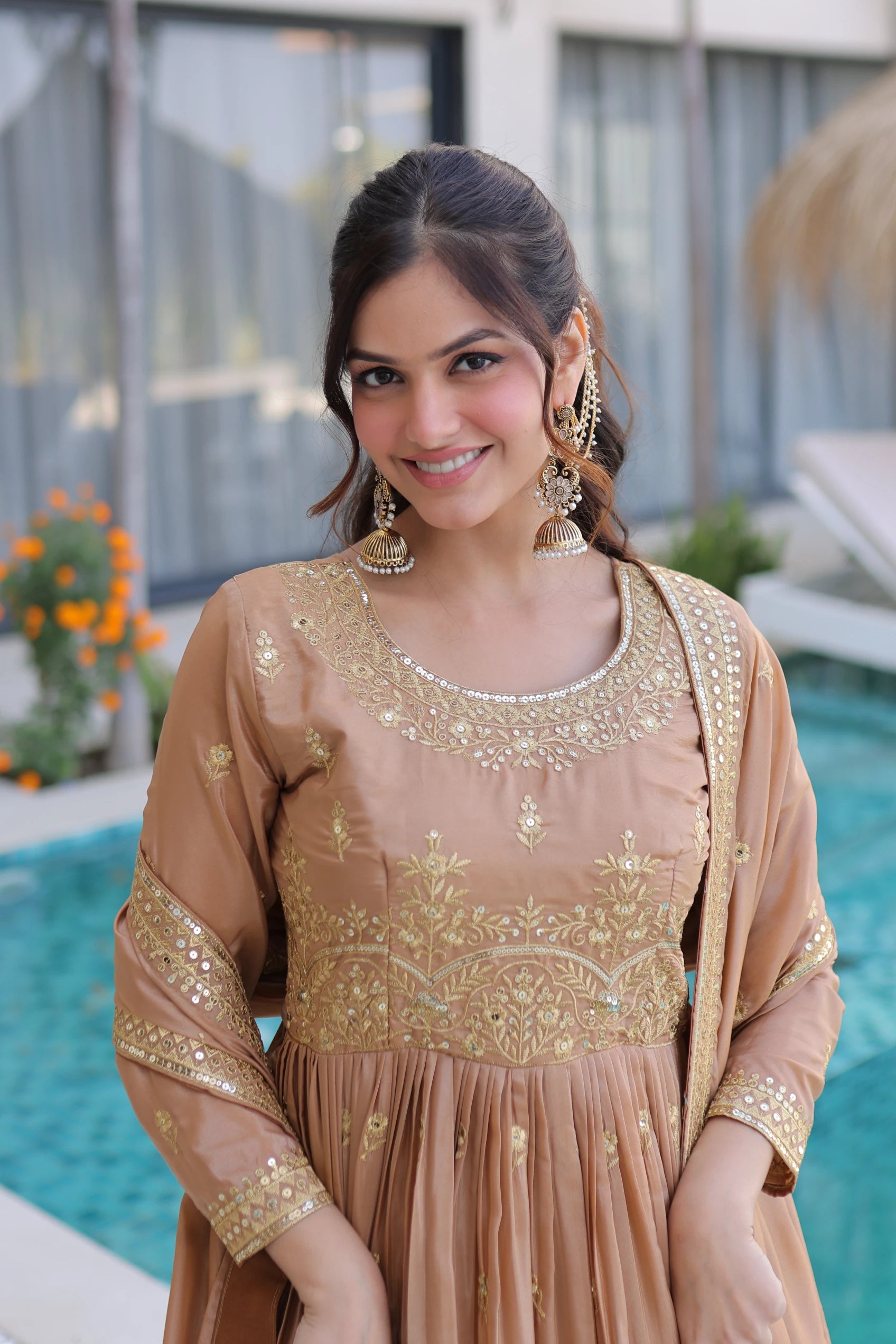 Tiyara Golden Brown Silk with Rich Sequins Embroidered Work Kurti Sharara Set