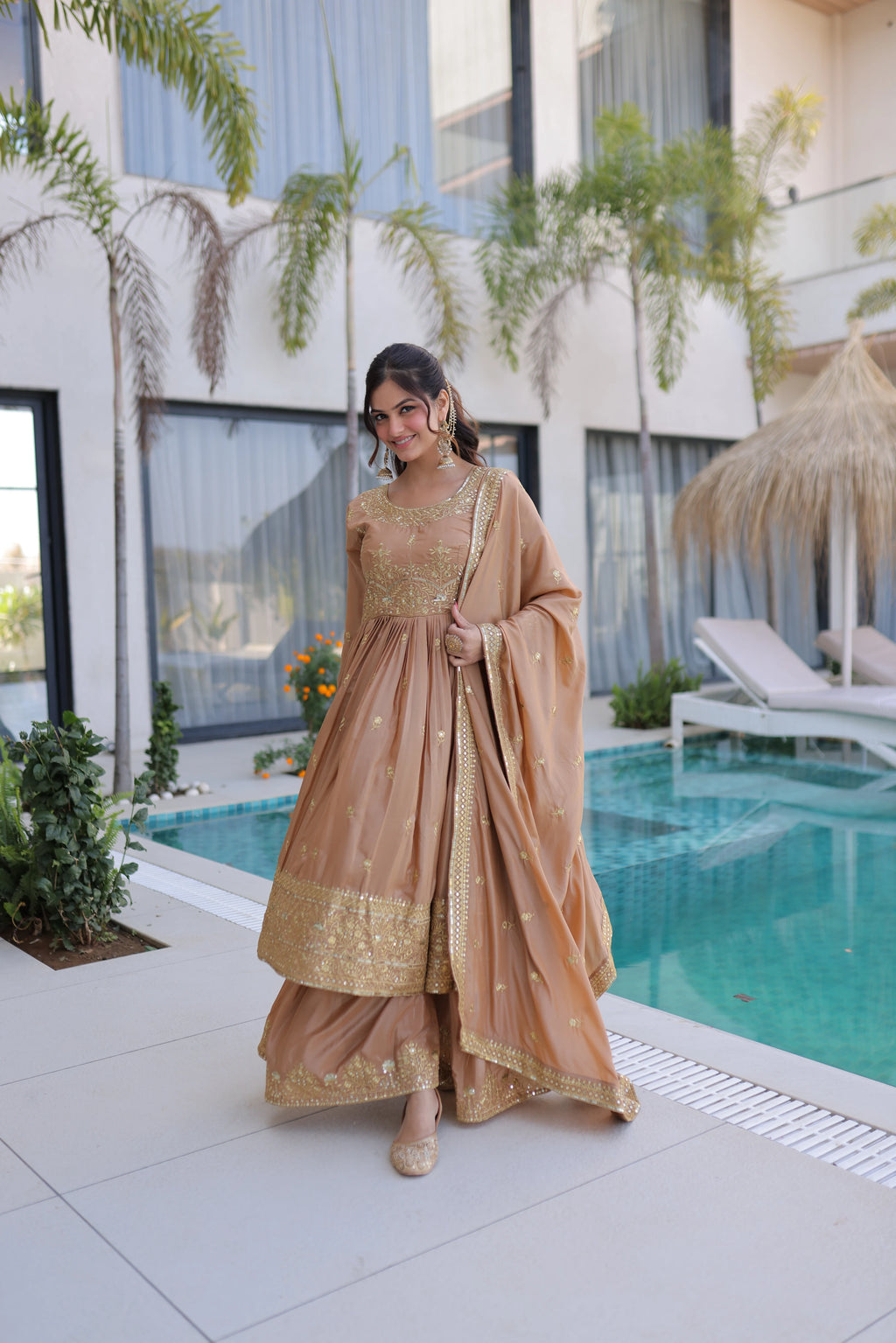 Tiyara Golden Brown Silk with Rich Sequins Embroidered Work Kurti Sharara Set