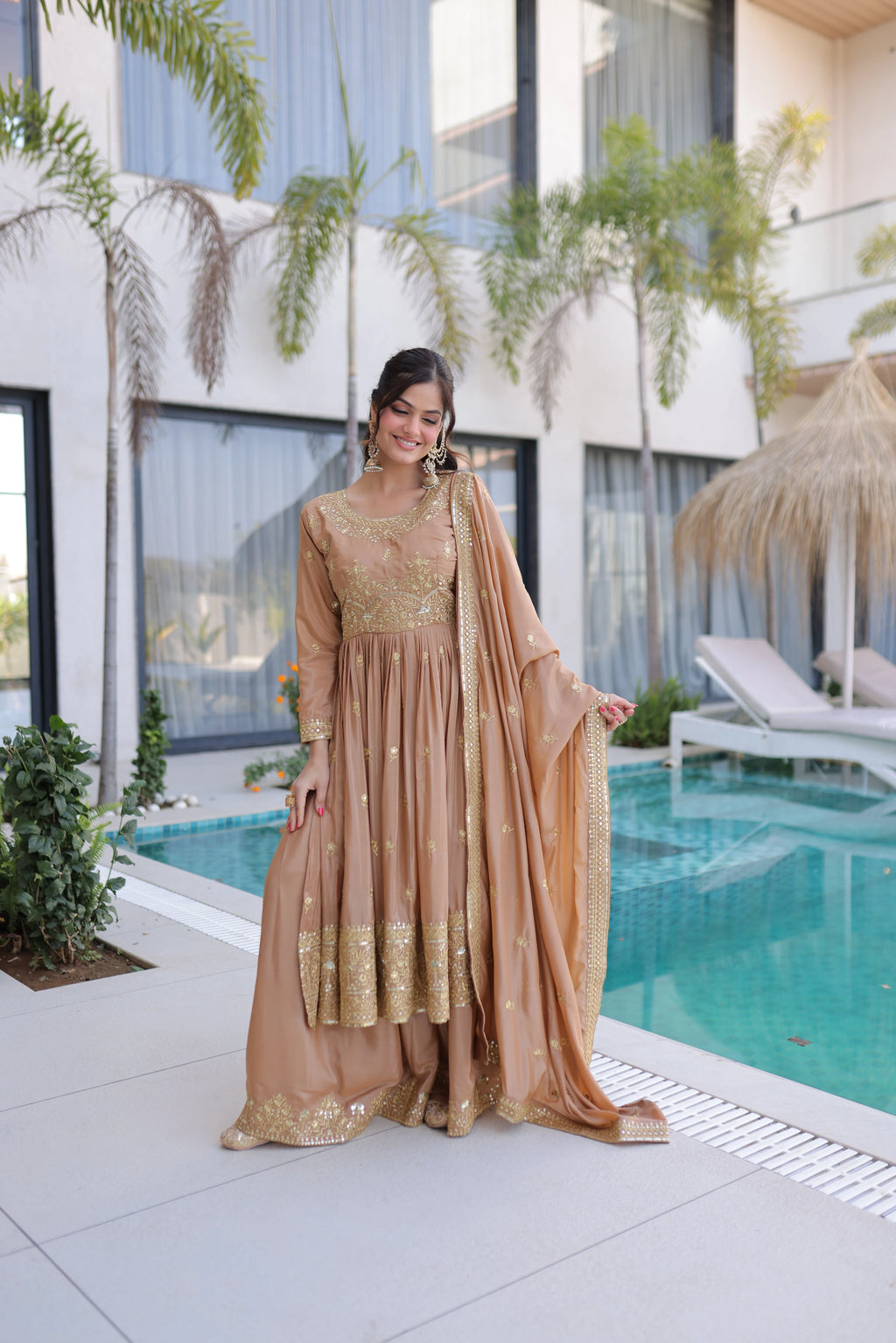 Tiyara Golden Brown Silk with Rich Sequins Embroidered Work Kurti Sharara Set