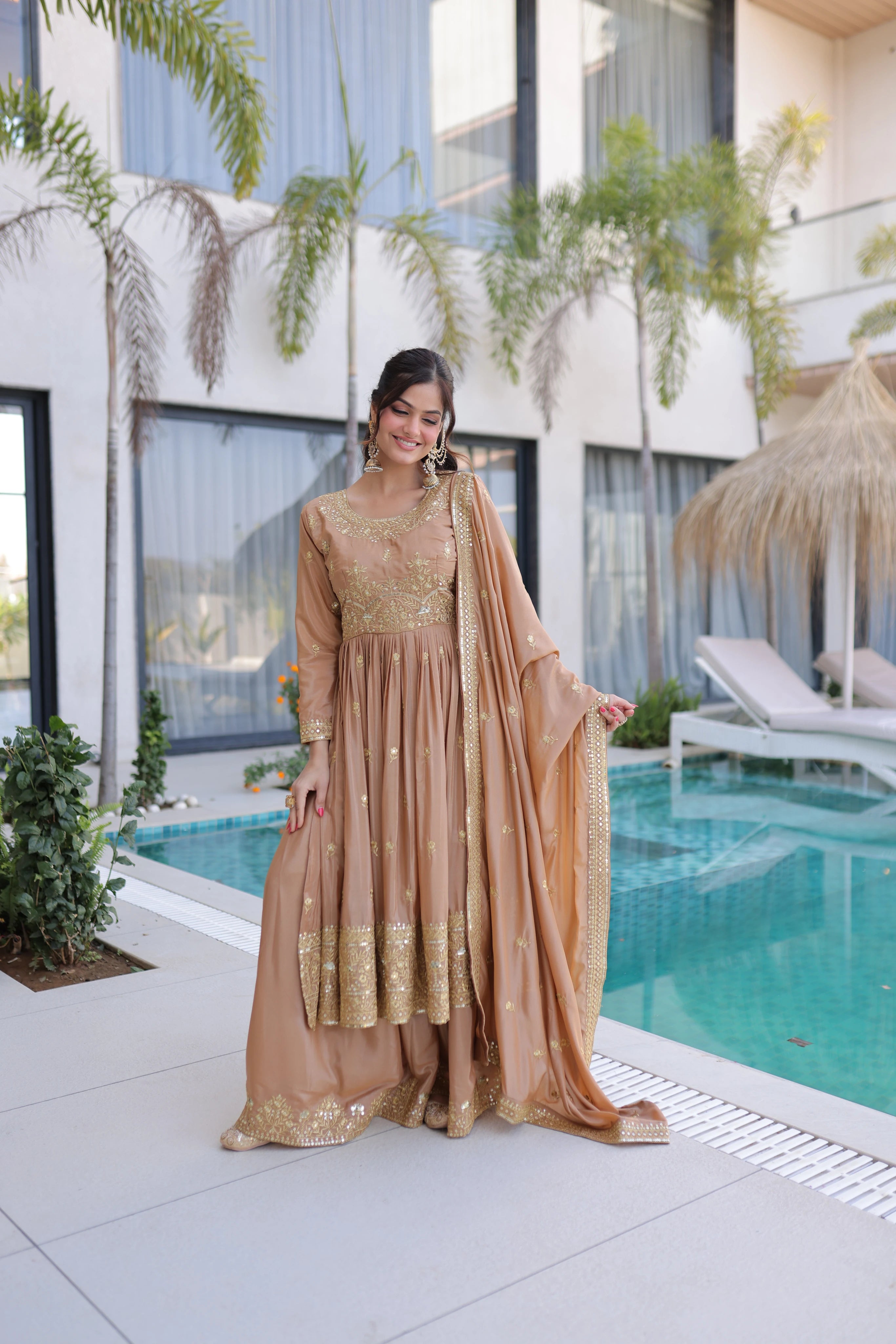 Tiyara Golden Brown Silk with Rich Sequins Embroidered Work Kurti Sharara Set