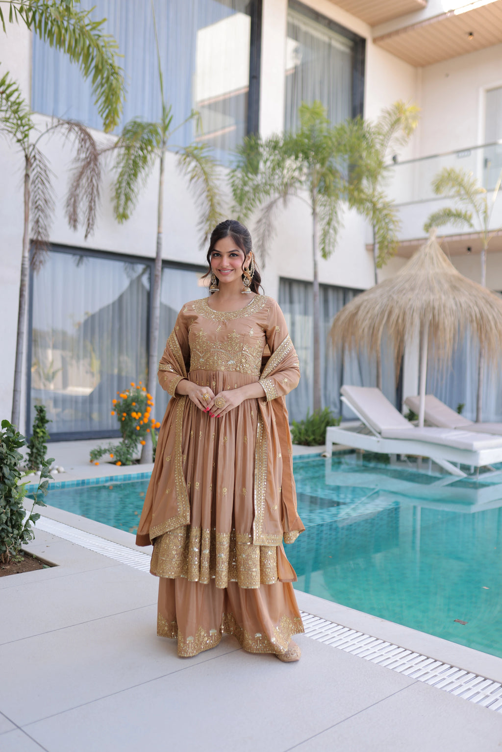 Tiyara Golden Brown Silk with Rich Sequins Embroidered Work Kurti Sharara Set