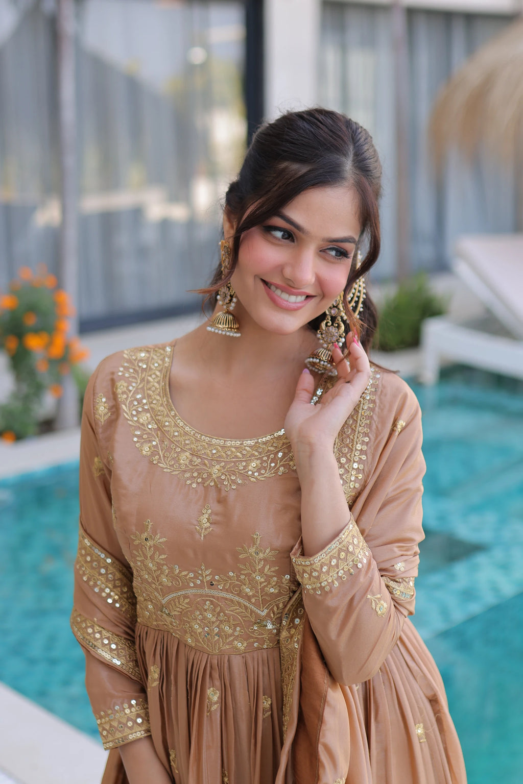 Tiyara Golden Brown Silk with Rich Sequins Embroidered Work Kurti Sharara Set