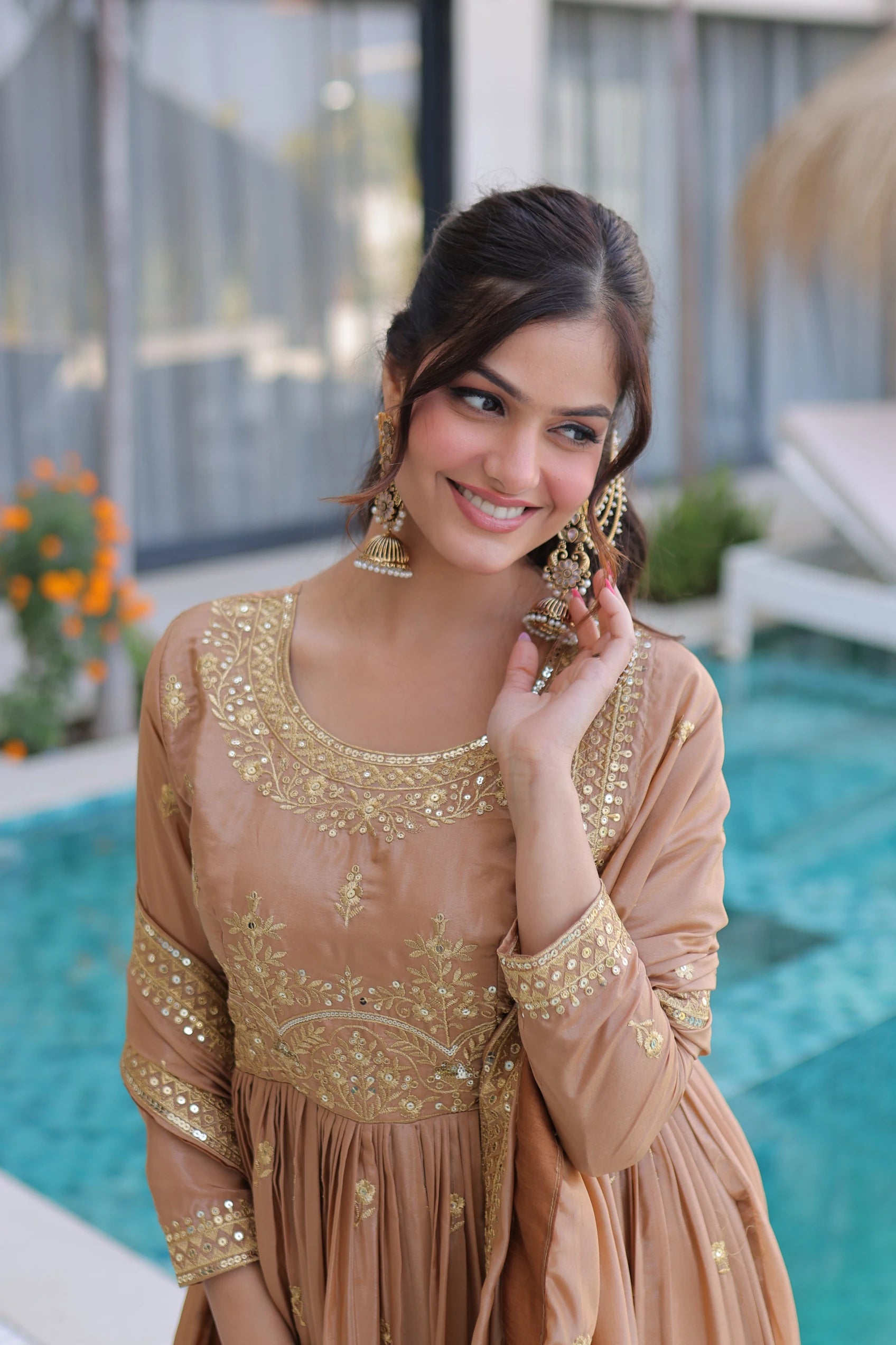 Tiyara Golden Brown Silk with Rich Sequins Embroidered Work Kurti Sharara Set