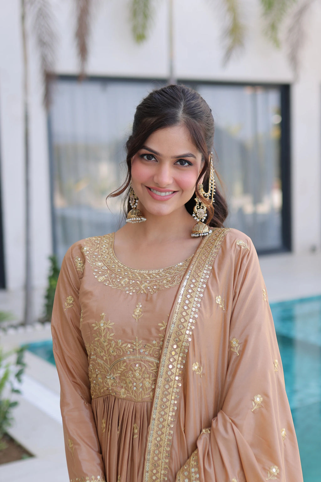 Tiyara Golden Brown Silk with Rich Sequins Embroidered Work Kurti Sharara Set