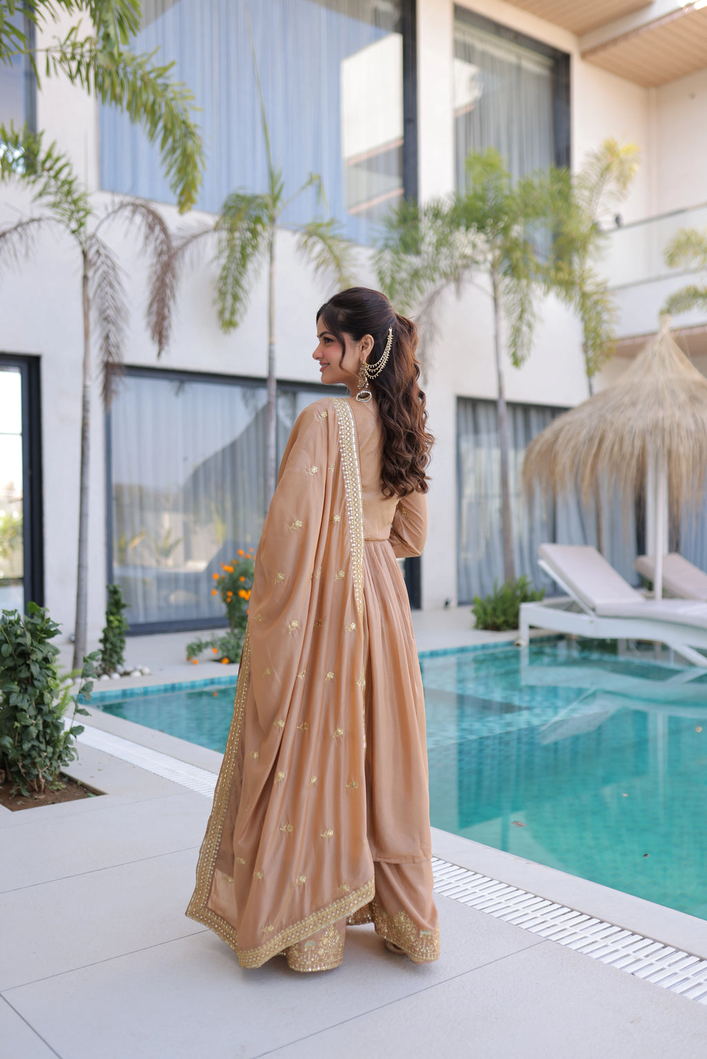 Tiyara Golden Brown Silk with Rich Sequins Embroidered Work Kurti Sharara Set