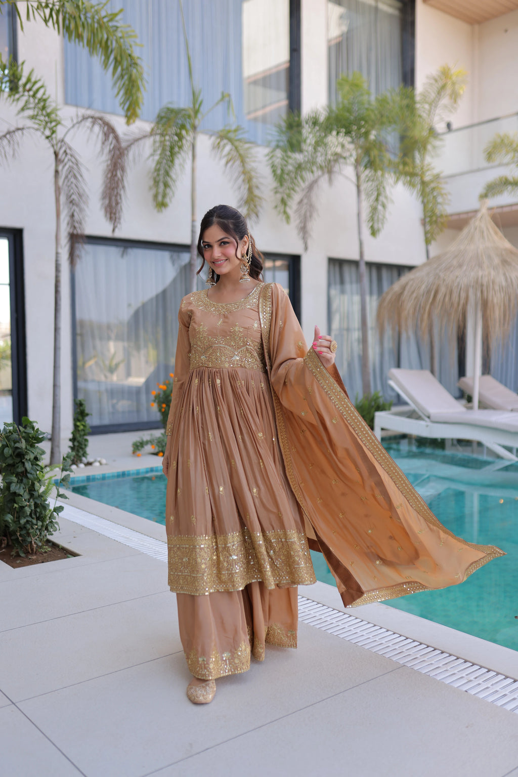 Tiyara Golden Brown Silk with Rich Sequins Embroidered Work Kurti Sharara Set