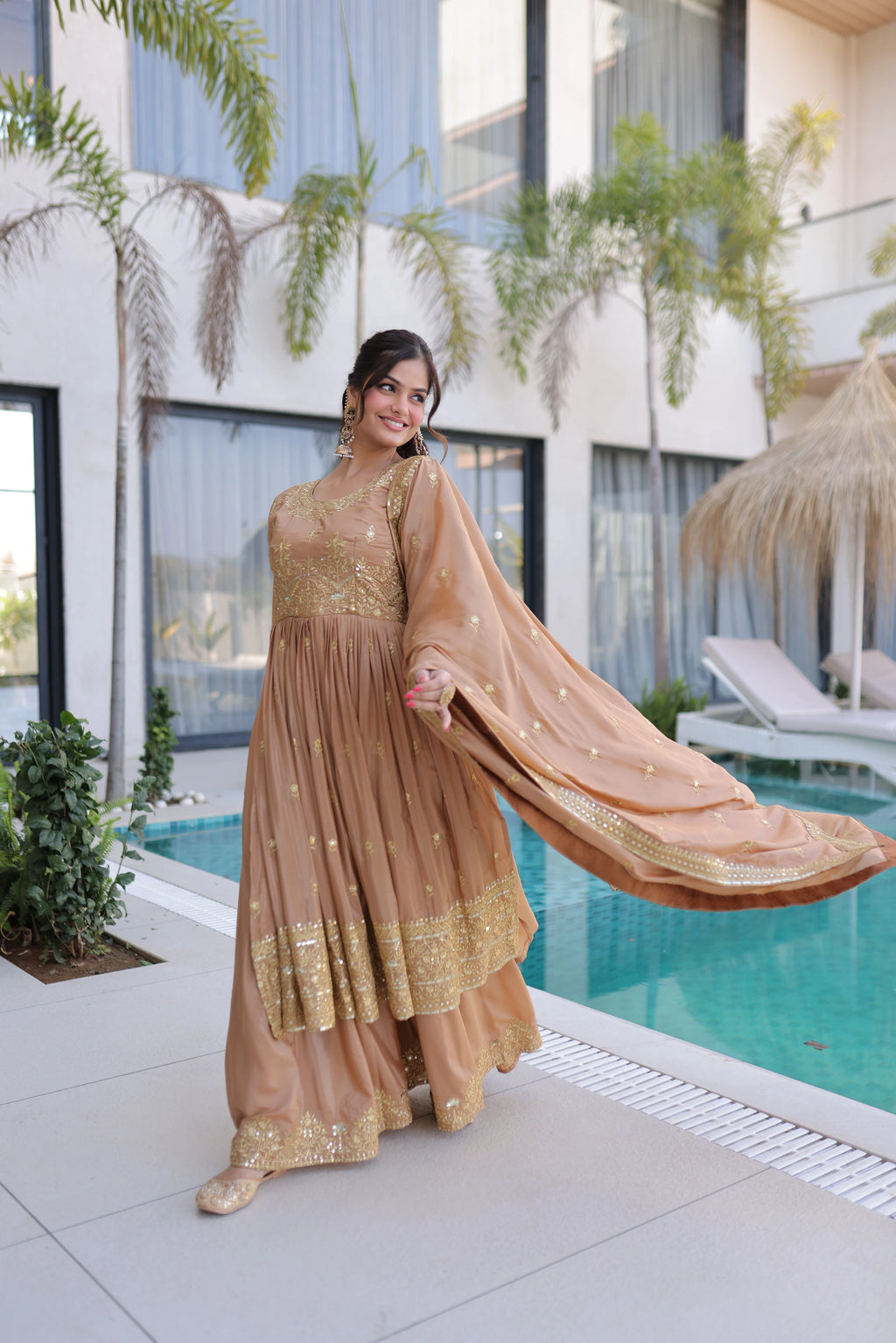 Tiyara Golden Brown Silk with Rich Sequins Embroidered Work Kurti Sharara Set